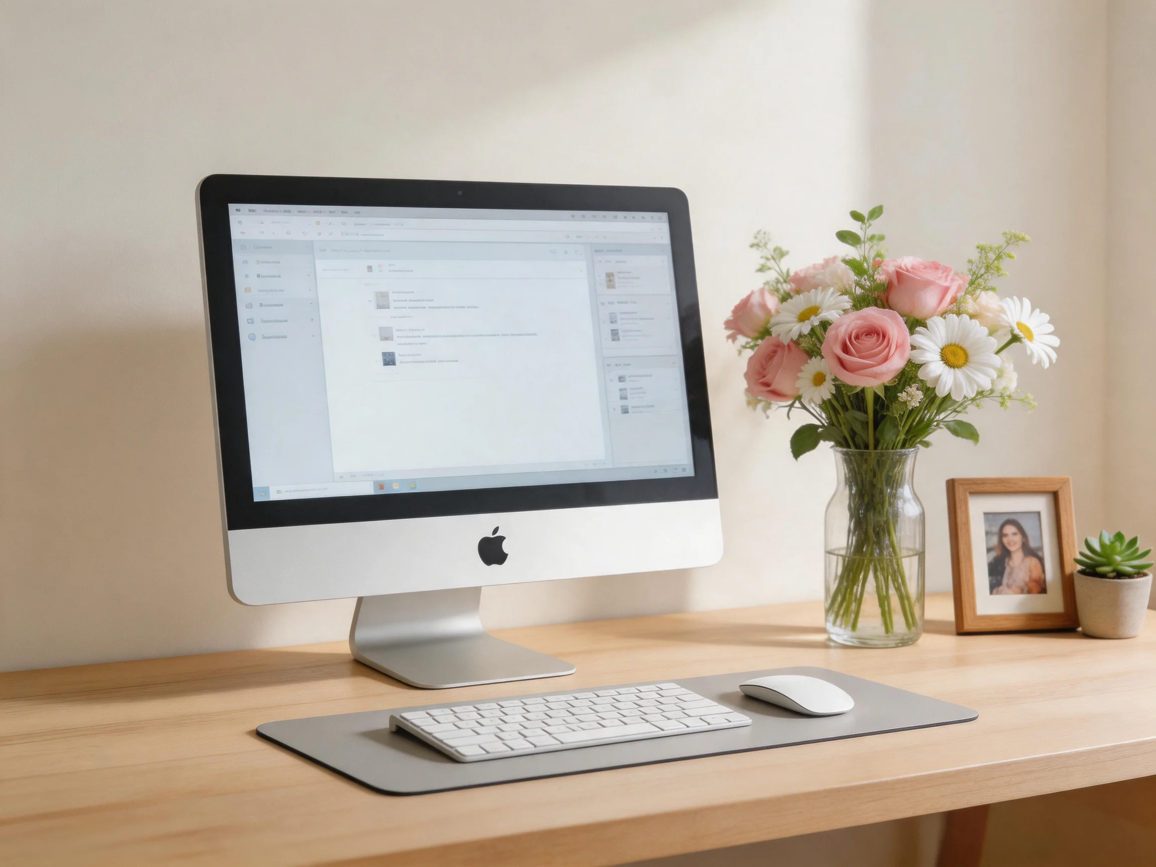 A sleek silver Apple desktop computer on a light wood desk with pink roses and daisies