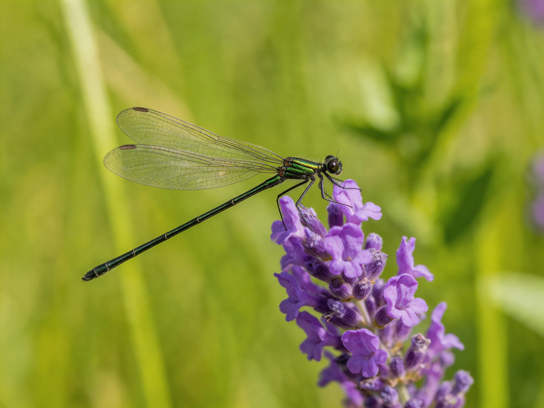 A slender black dragonfly perched on vibrant purple lavender blooms