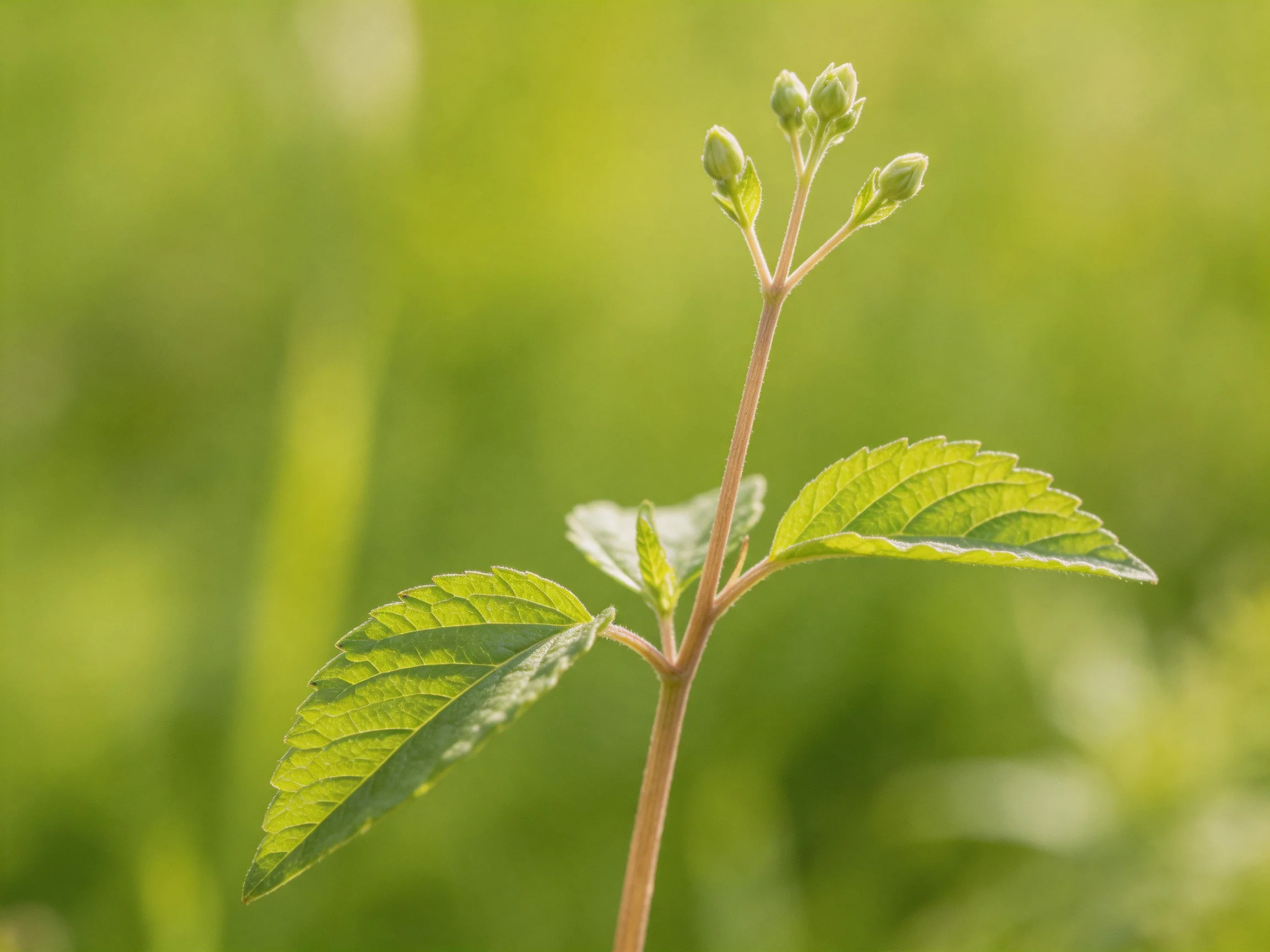 A slender plant with serrated leaves and budding flowers against a soft green blur