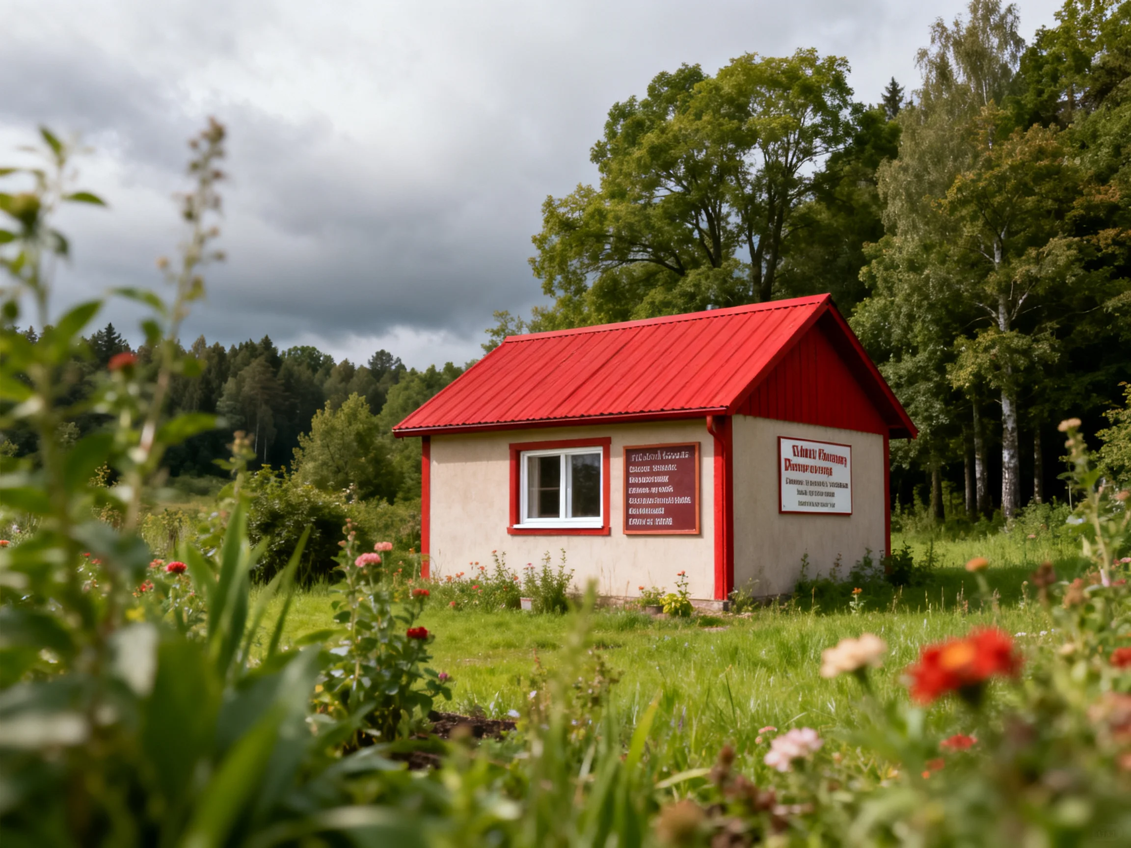 A small beige cottage with red roof near forest