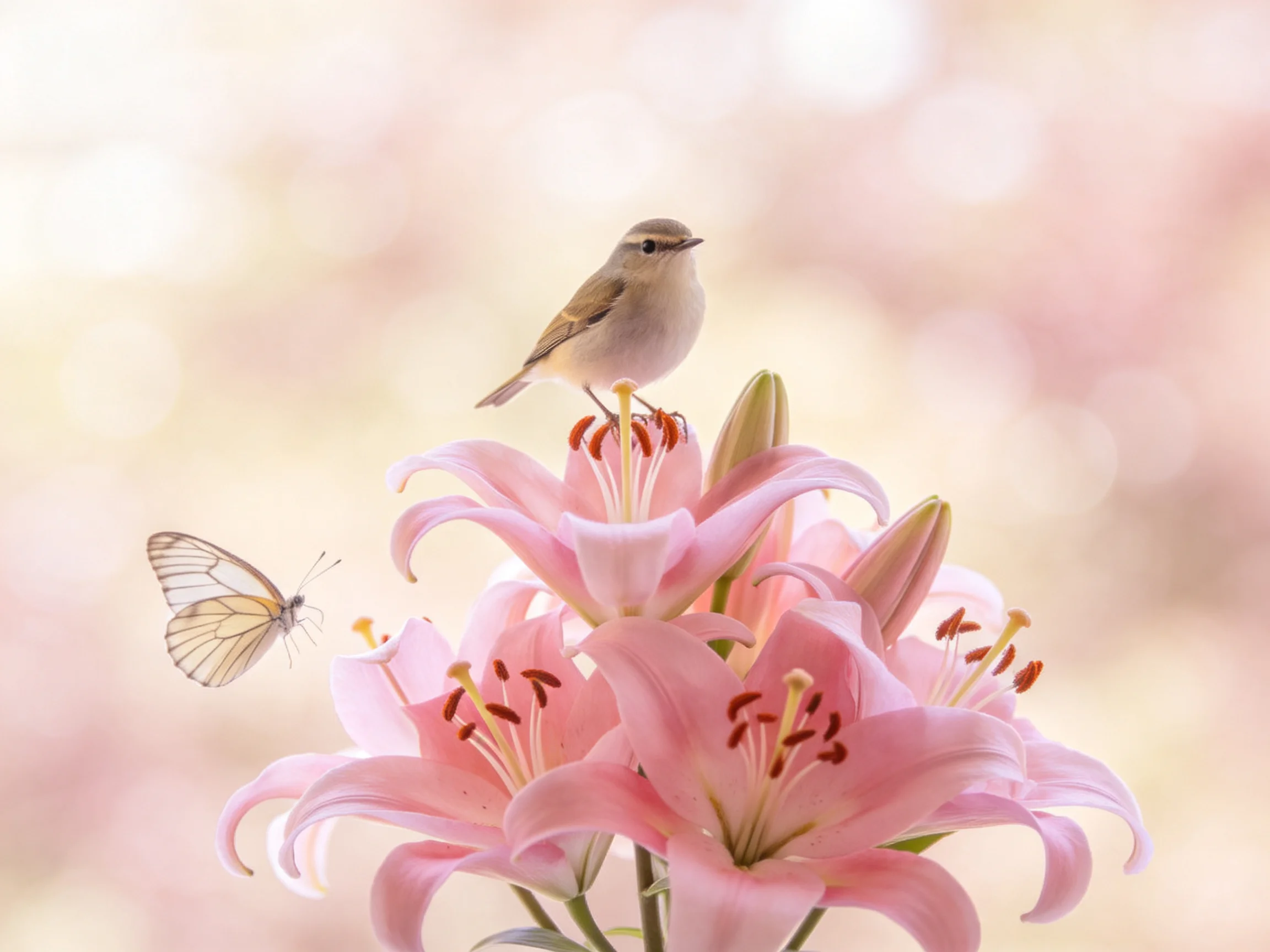 A small bird perches atop pink lilies beside a white butterfly