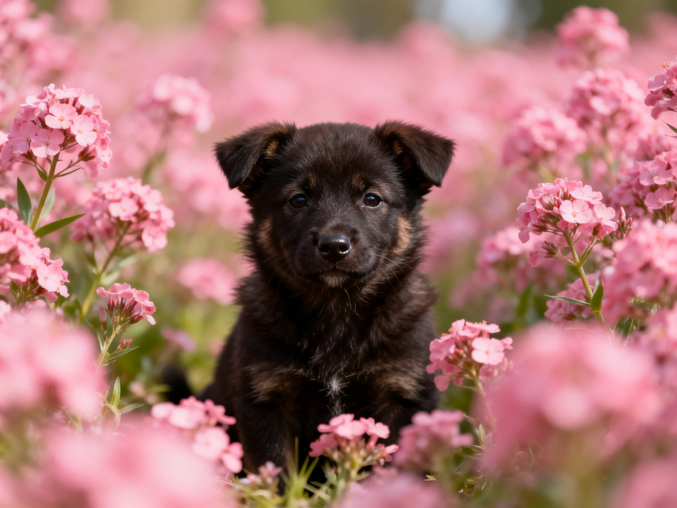 A small black puppy nestled among abundant pink flowering plants