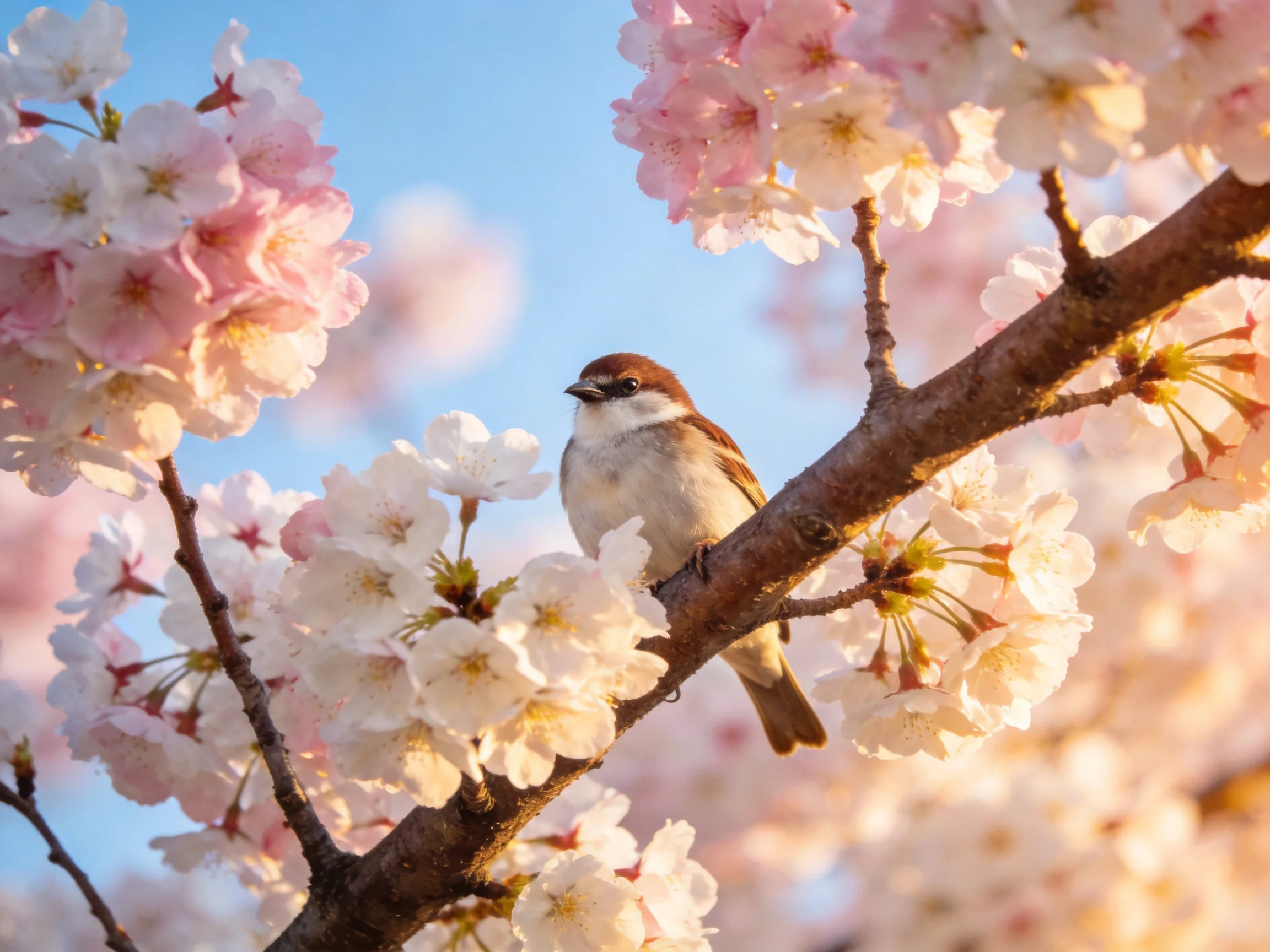 A small brown bird perched among pink and white cherry blossoms