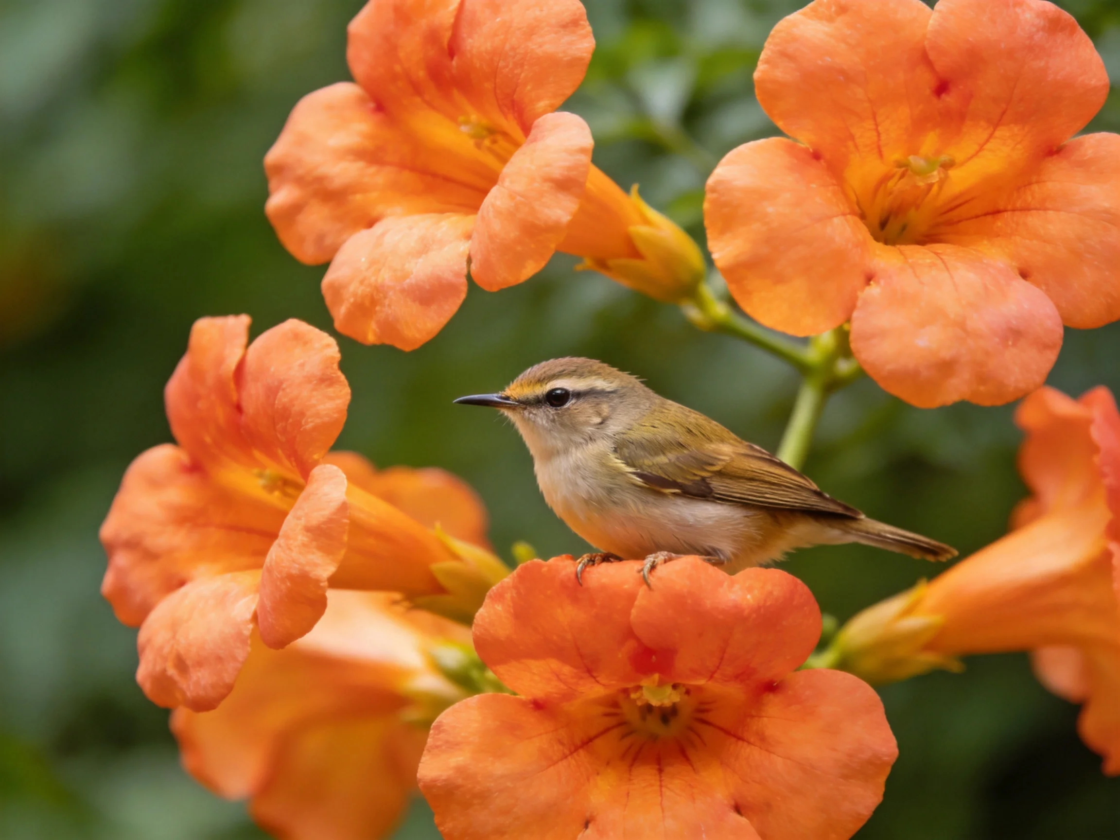 A small brown bird perched on vibrant orange trumpet flowers