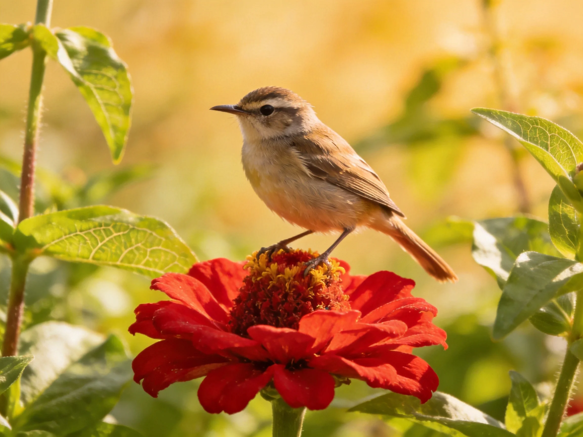 A small brown bird perches on a vibrant red zinnia flower