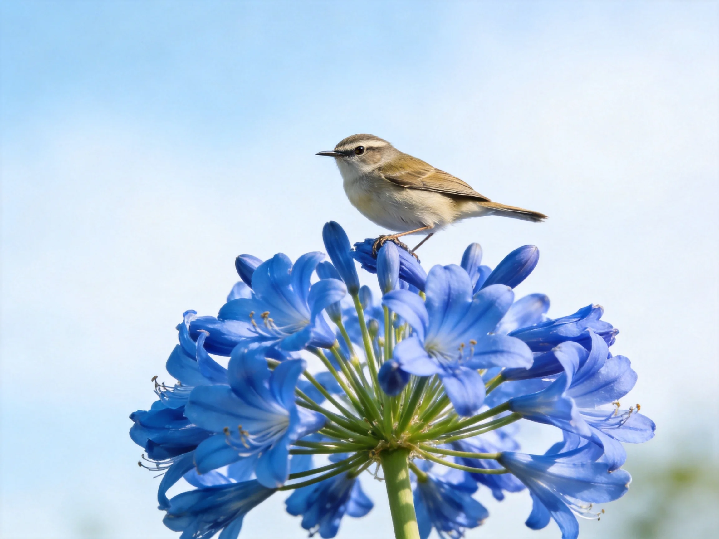 A small brown bird sits on a cluster of bright blue flowers.