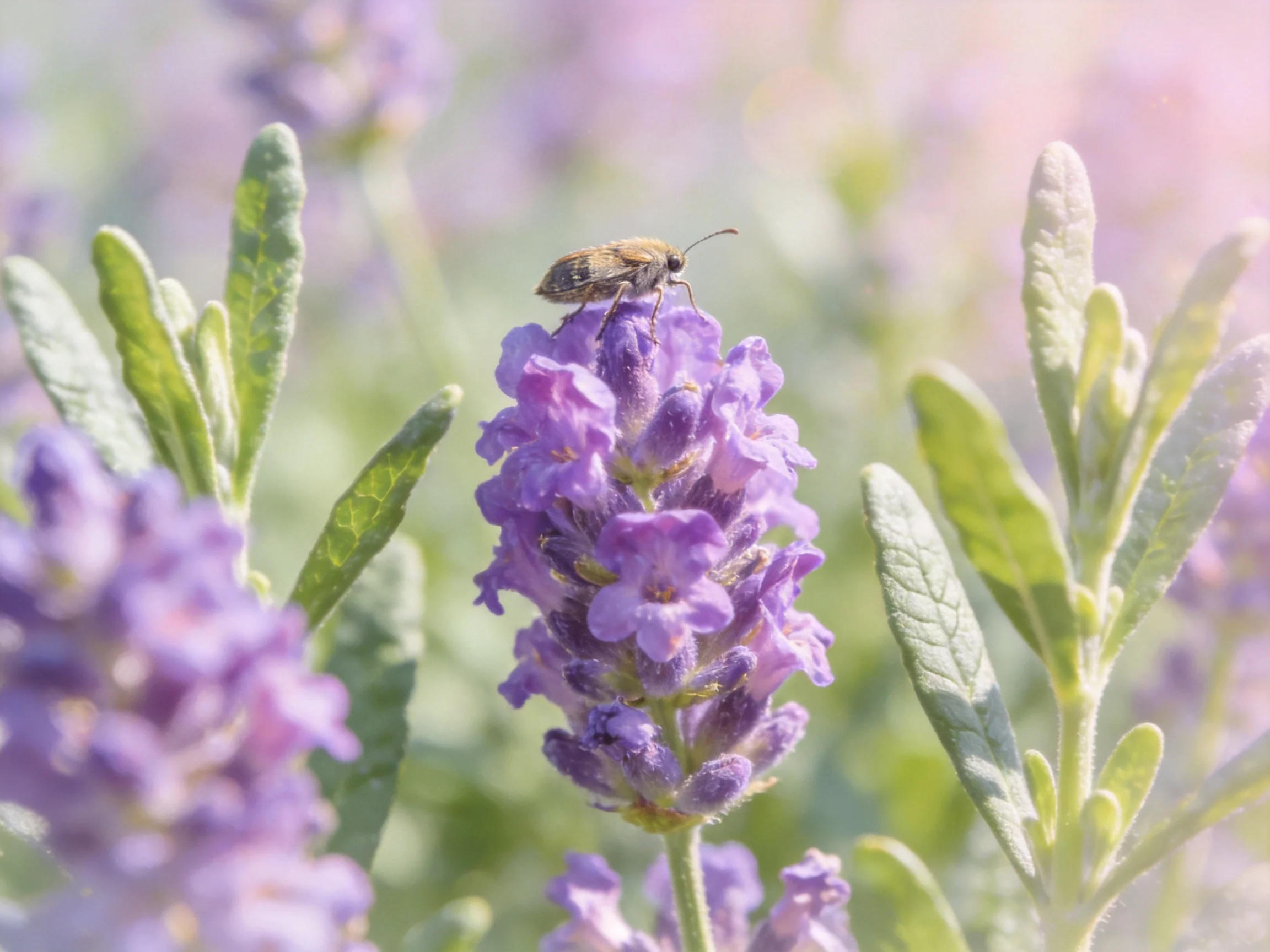 A small brown insect perched on vibrant purple lavender flowers