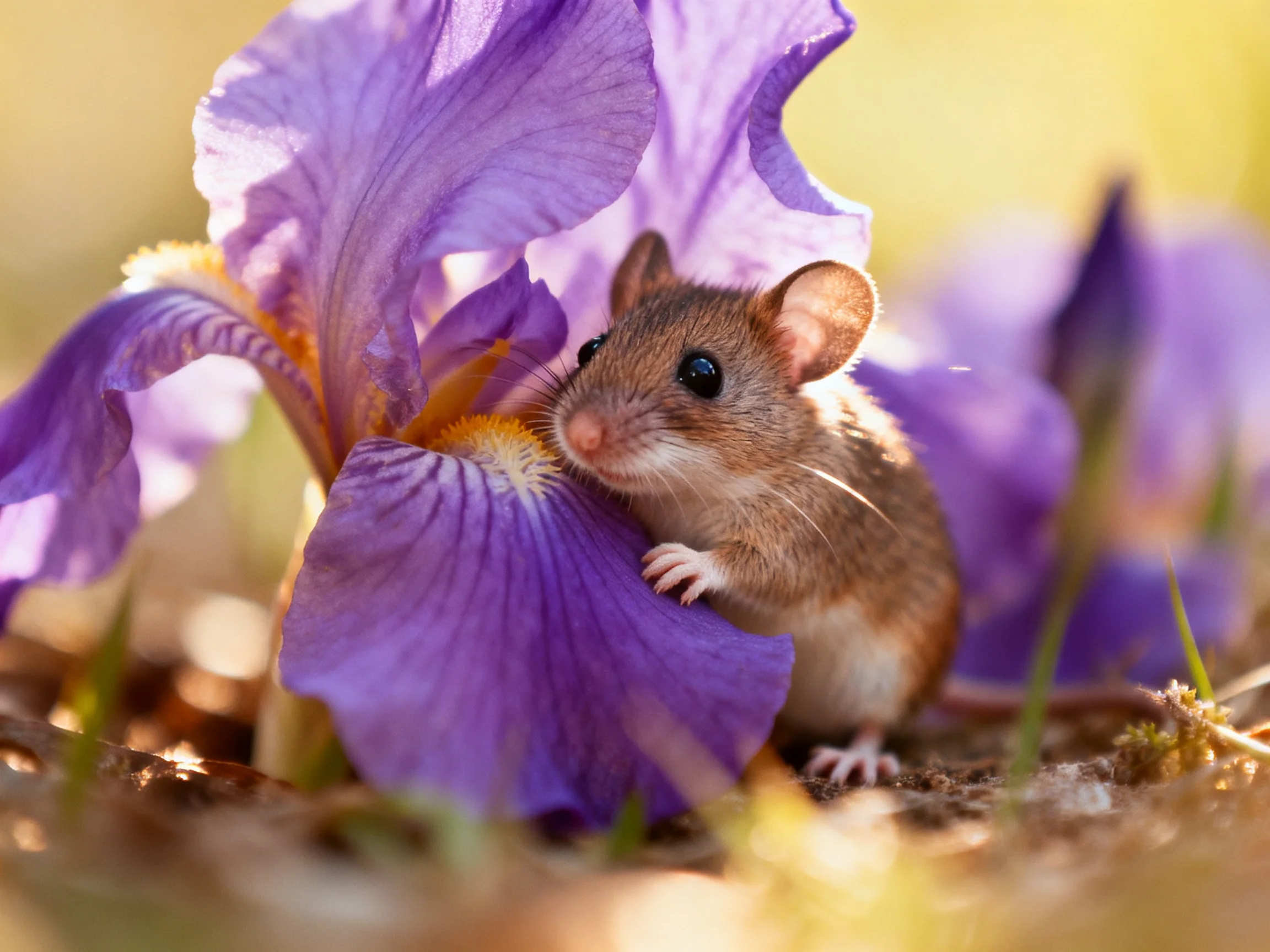 A small brown mouse nestled among vibrant purple iris blooms