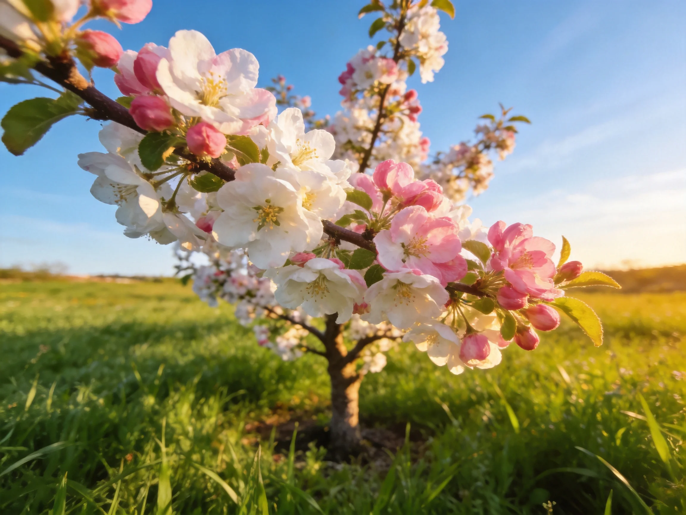 A small flowering tree blooms with pink and white blossoms in a sunny meadow