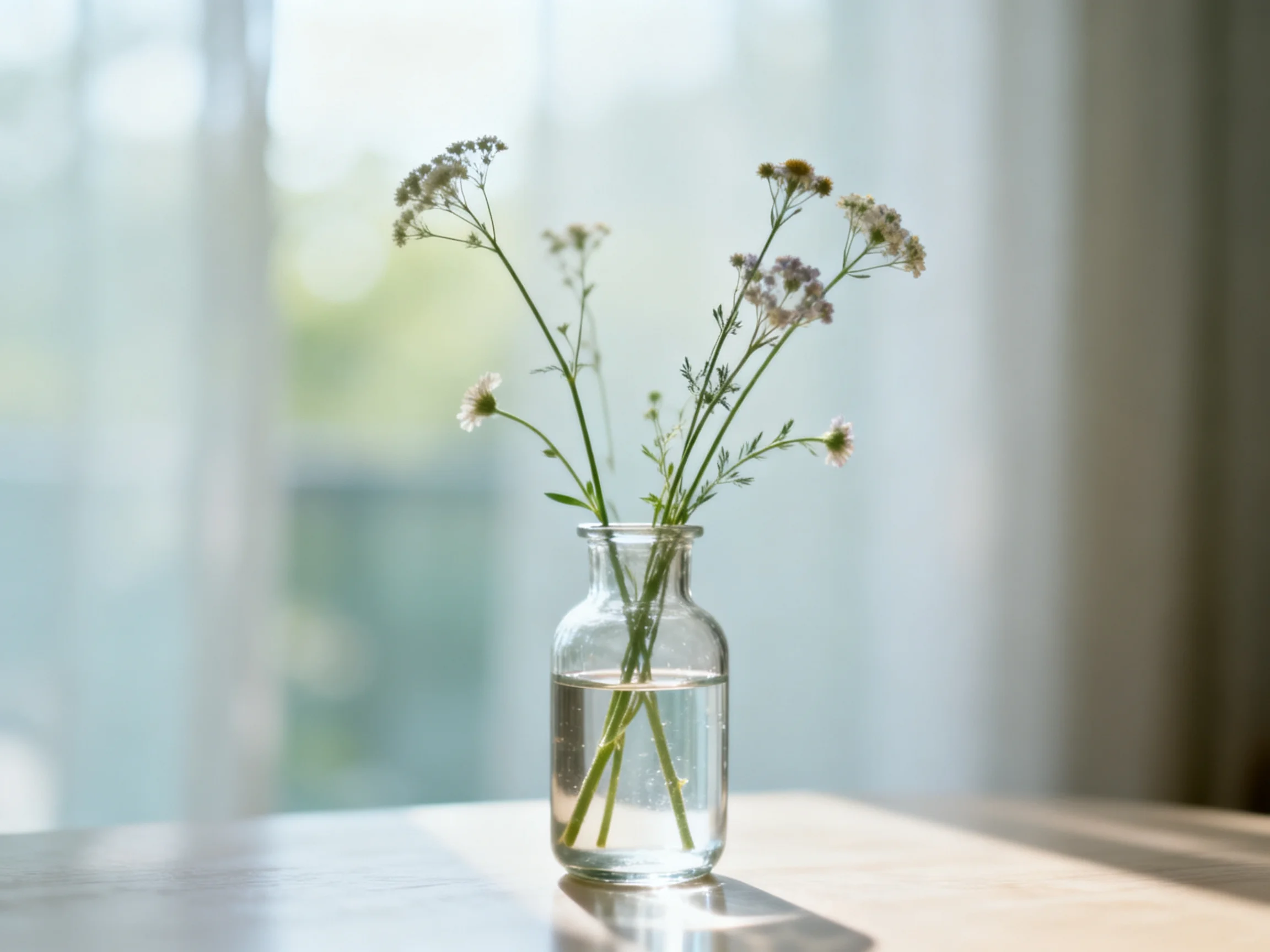 A small glass vase holds delicate white flowers near a bright window.