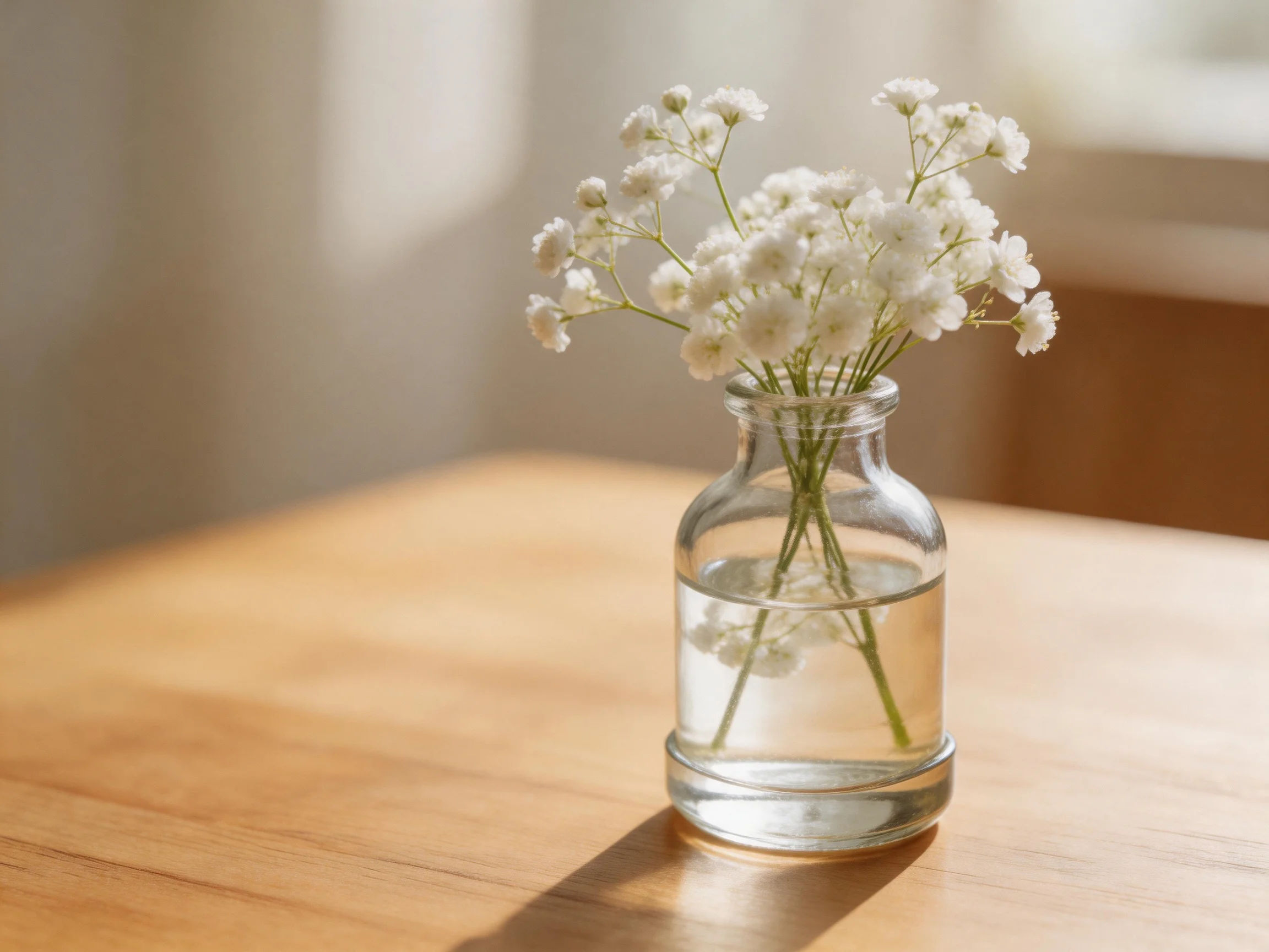 A small glass vase holds delicate white flowers on a wooden table