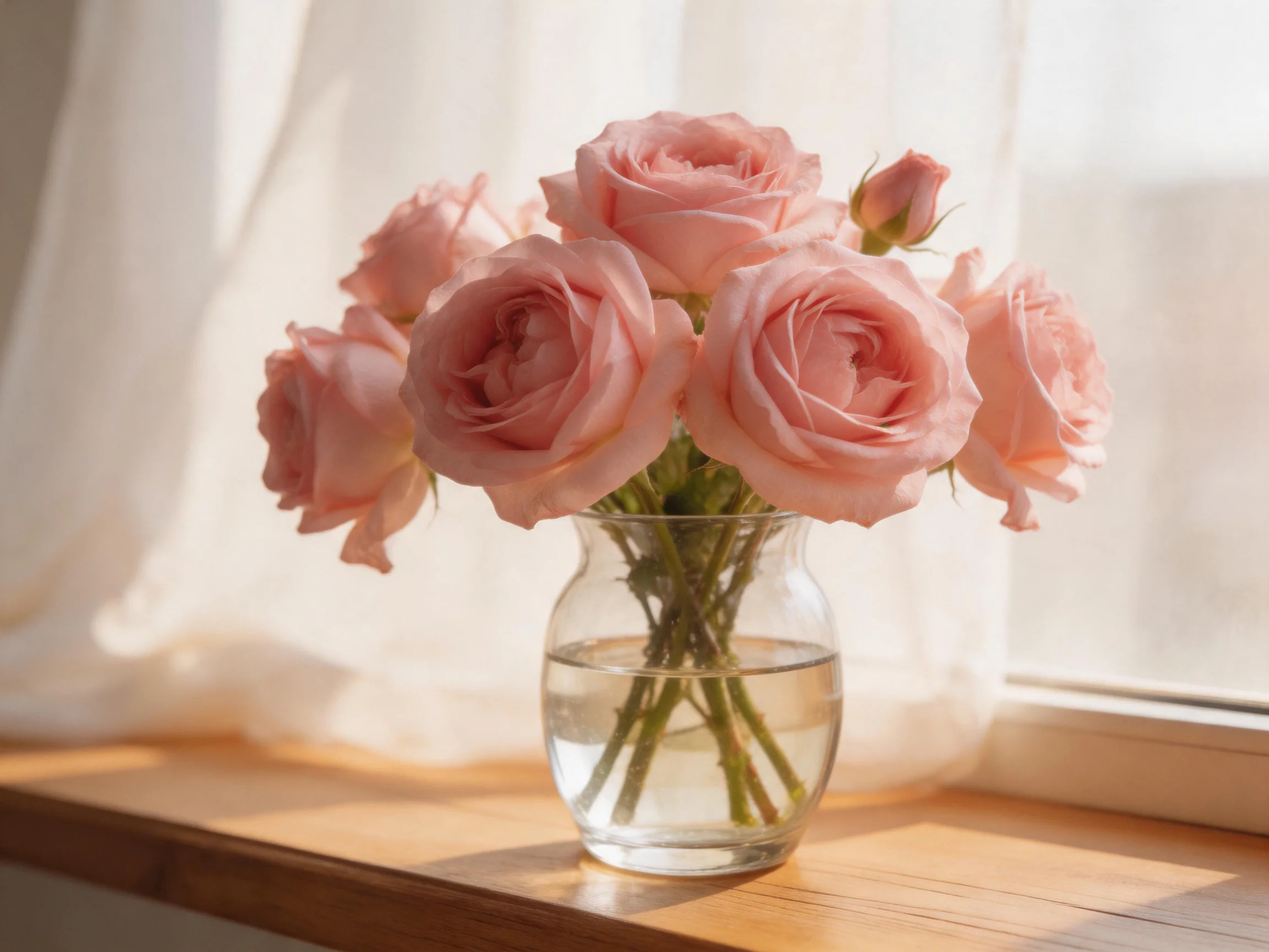 A small glass vase holds pastel pink roses on a wooden windowsill