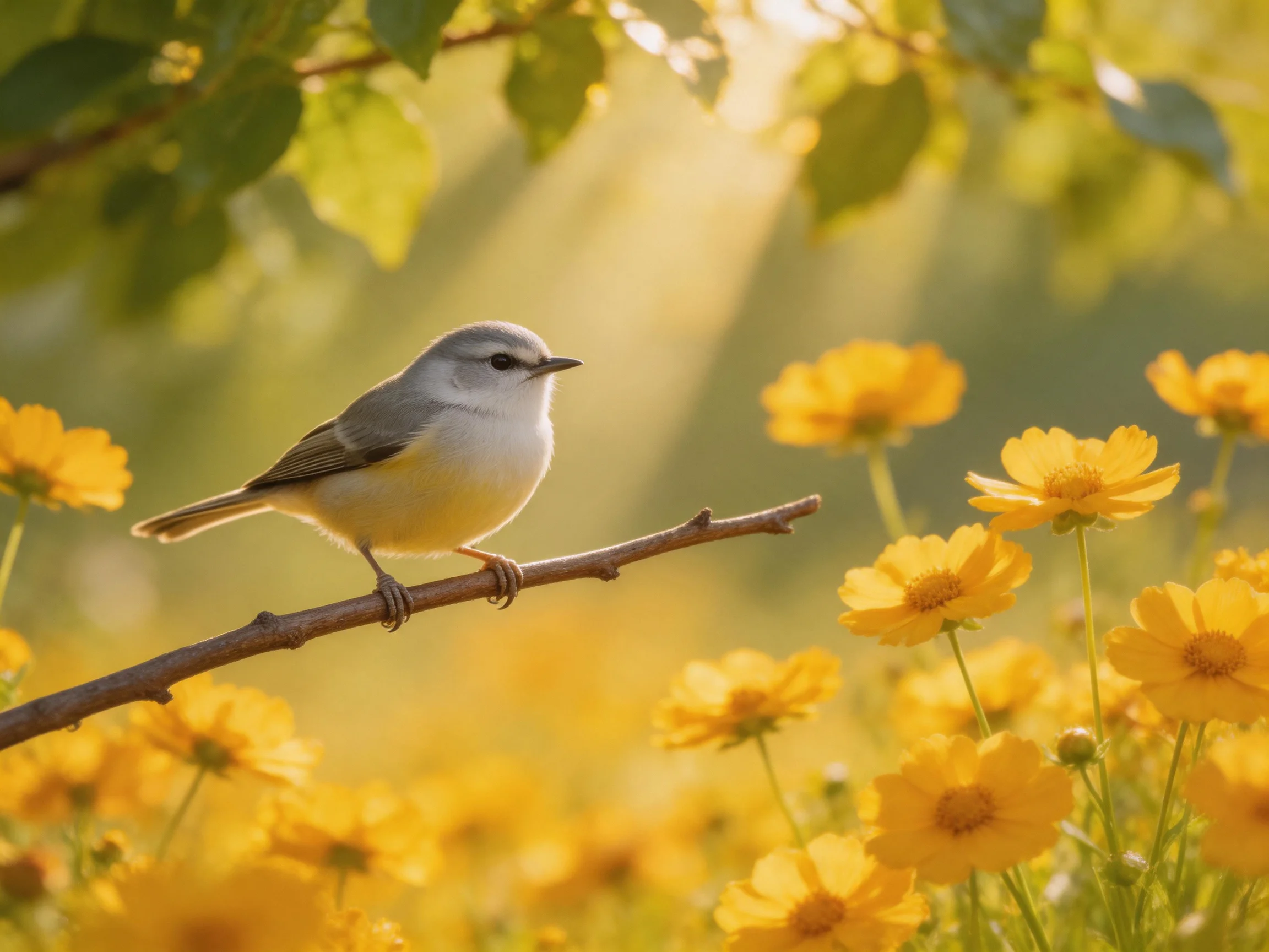 A small gray bird perches on a branch amid vibrant yellow flowers