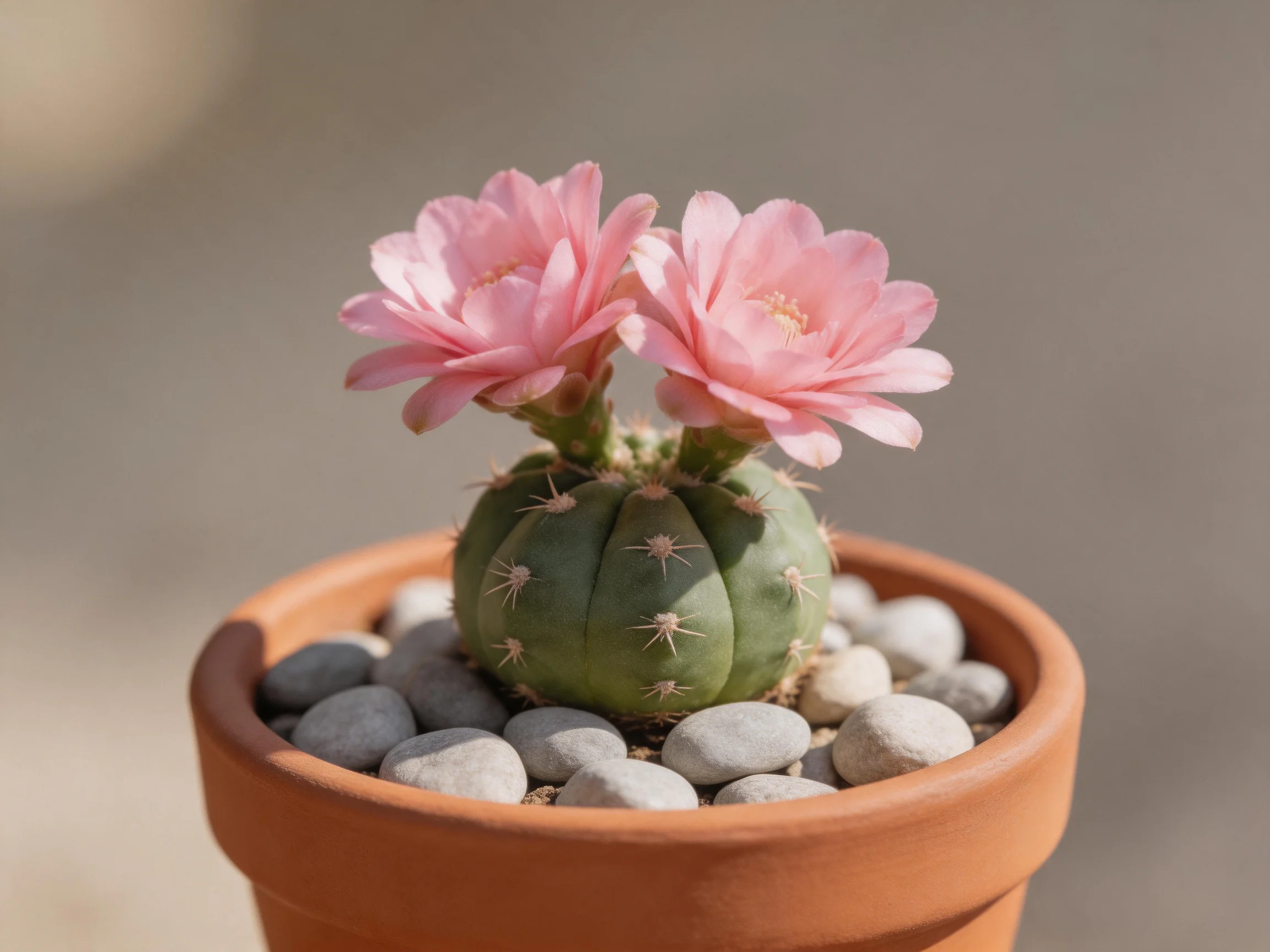 A small green cactus blooms with two pink flowers in a terracotta pot