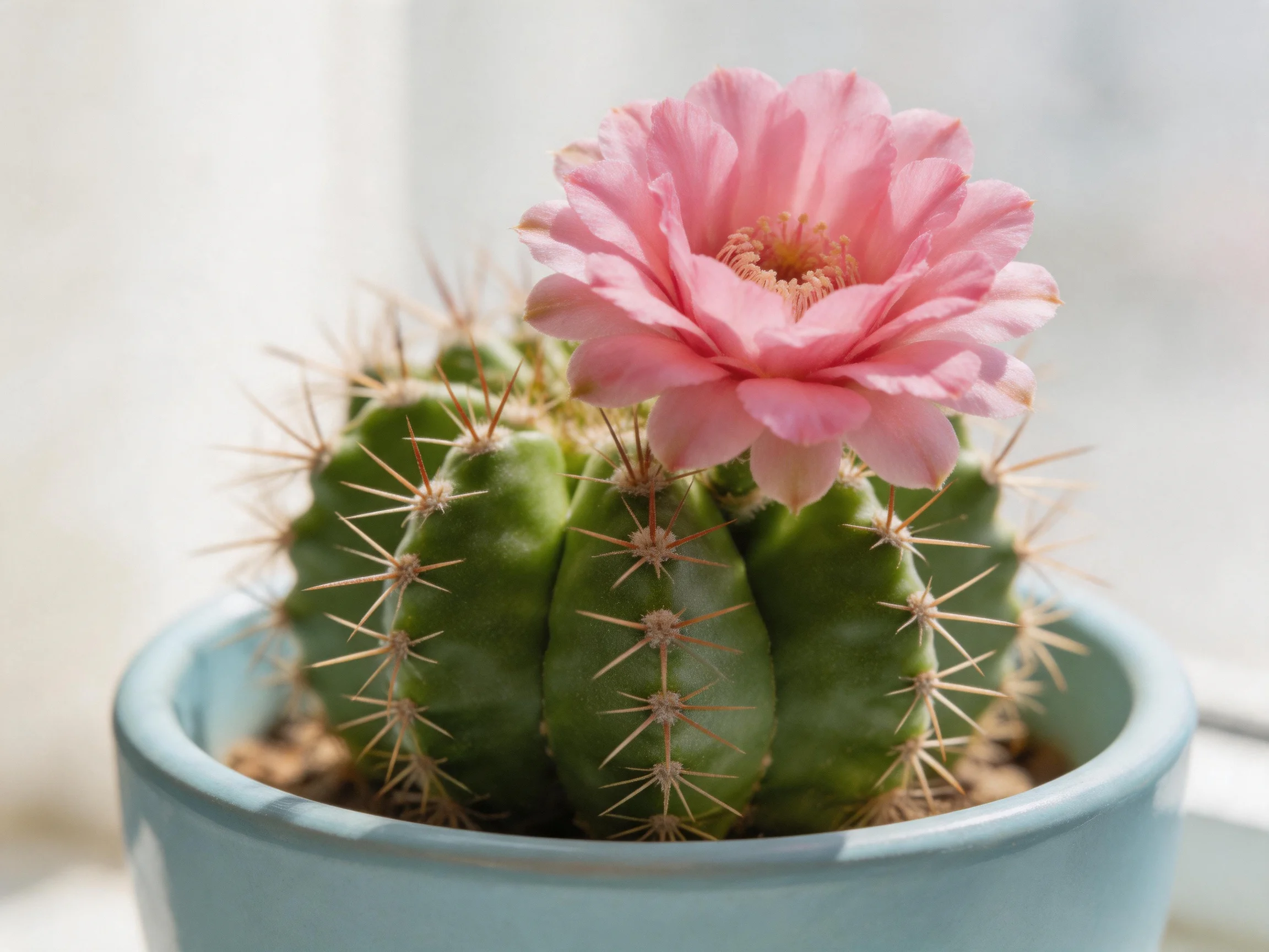 A small green cactus with spines blooms a large pink flower in a light blue pot