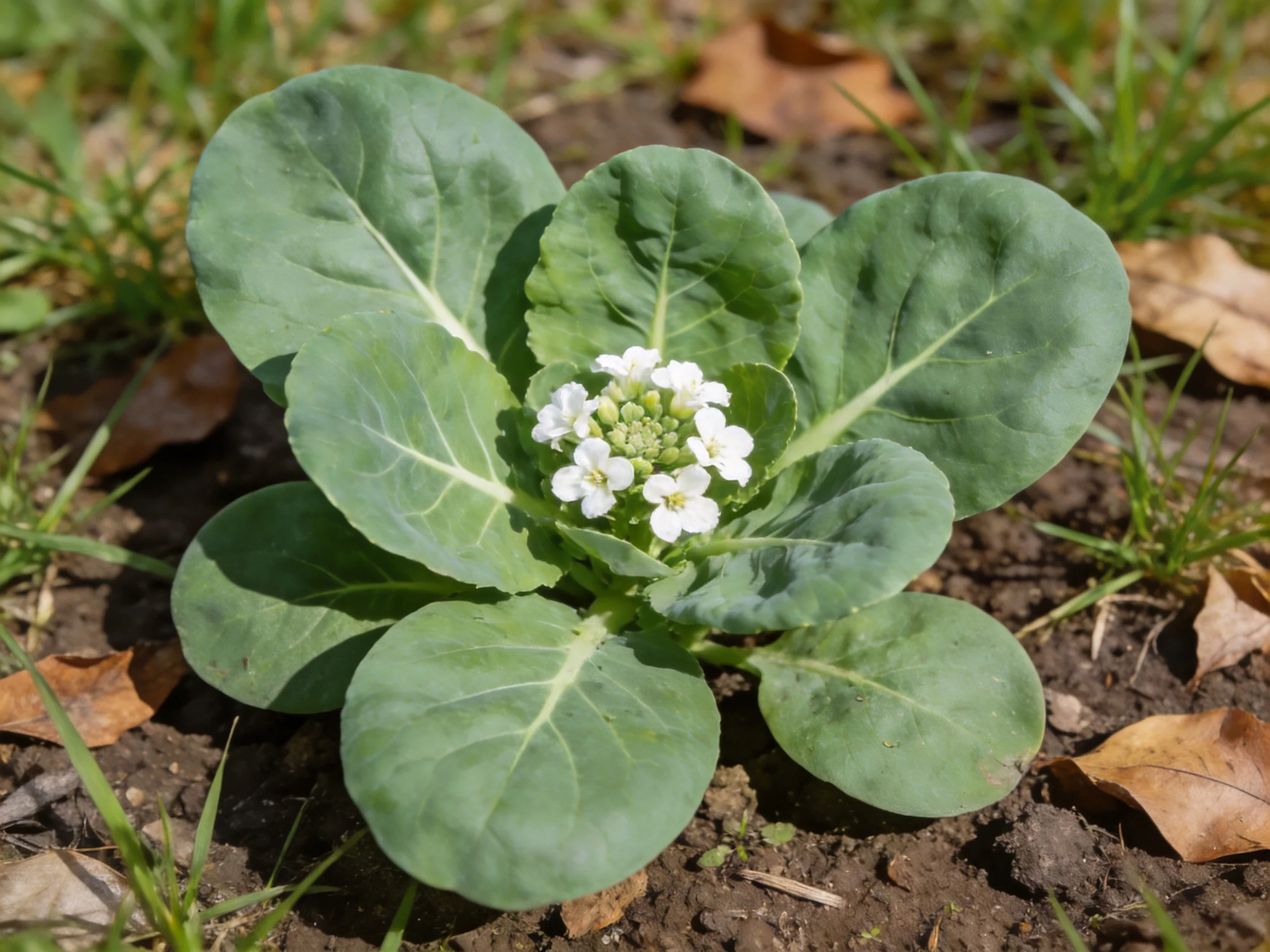 A small green-leaved plant with white blooms near brown fallen leaves