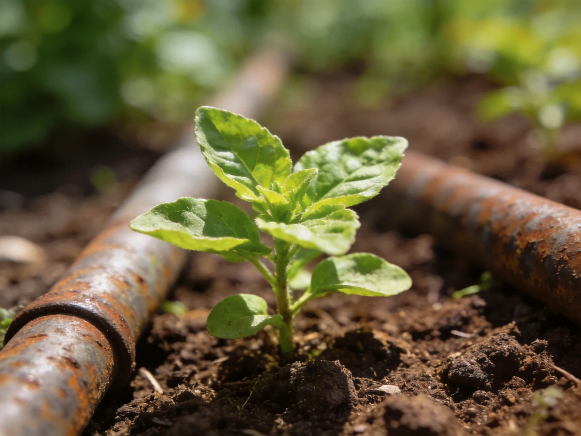 A small green plant grows next to two rusted metal pipes in rich soil