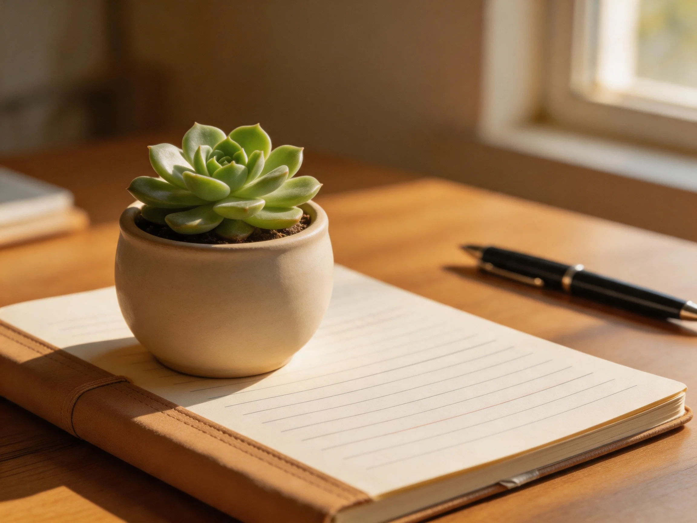 A small green succulent in a beige pot sits on an open notebook with a black pen nearby