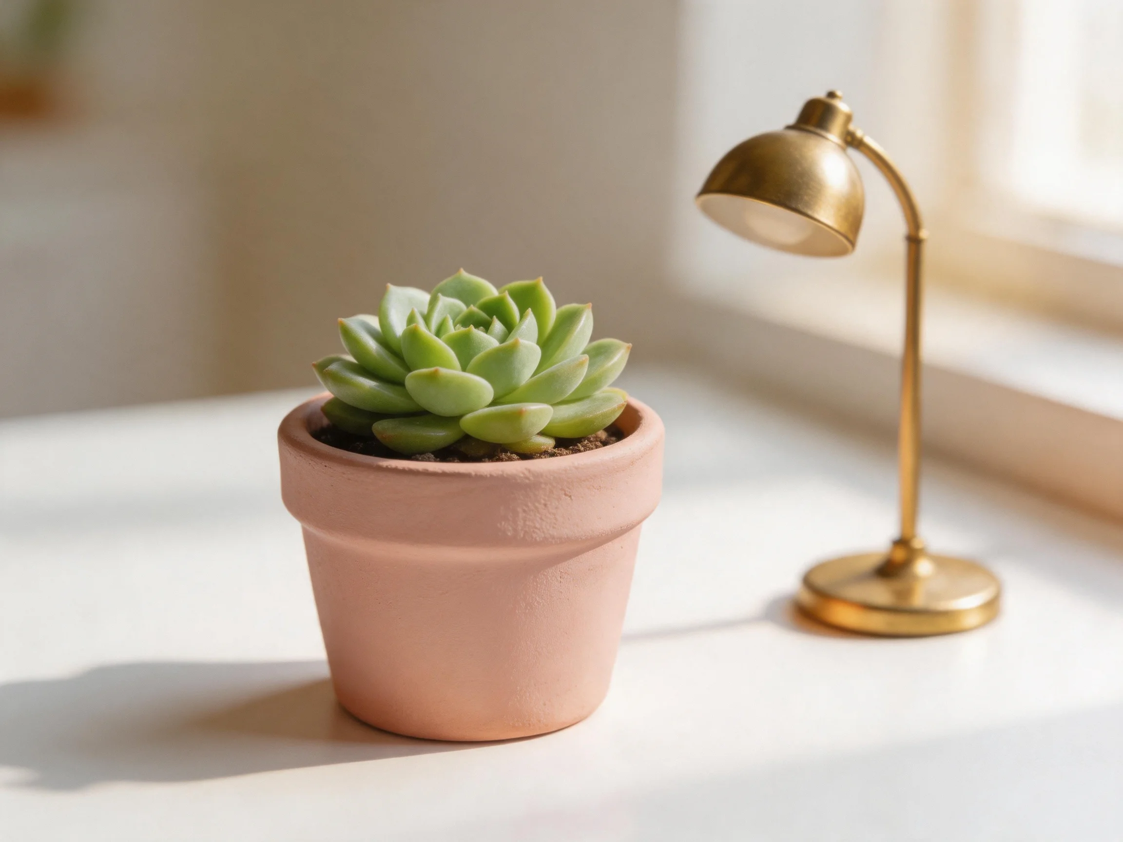 A small green succulent in a pink terracotta pot beside a brass desk lamp