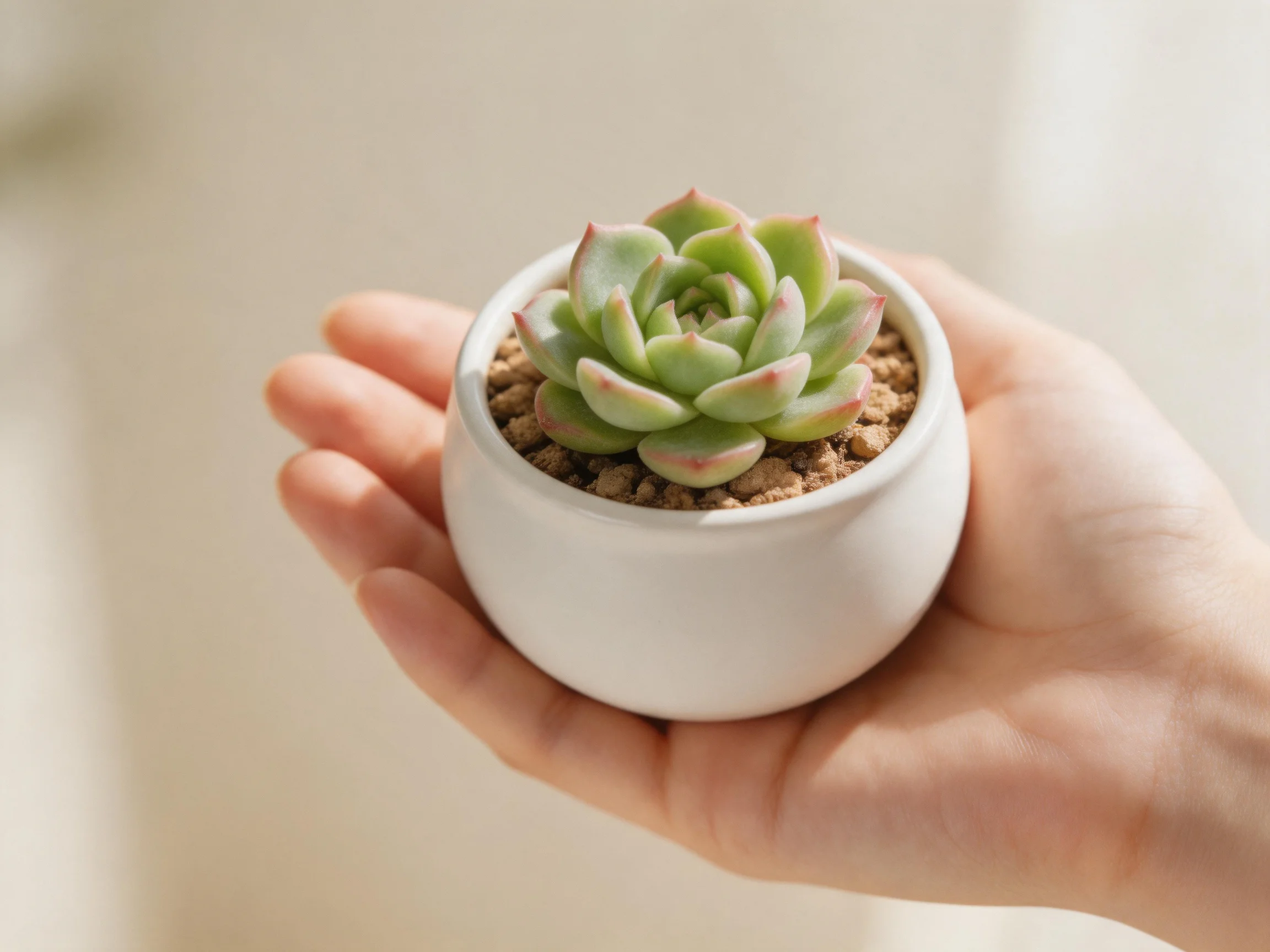 A small green succulent in a white ceramic pot held in a hand