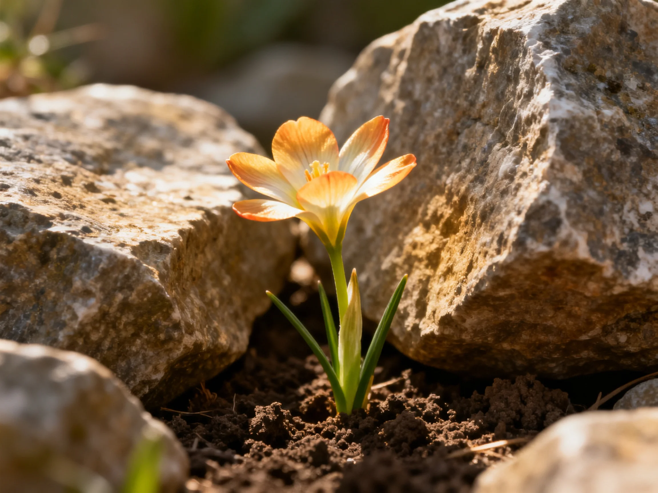 An orange-and-white flower grows between large stones in soil.
