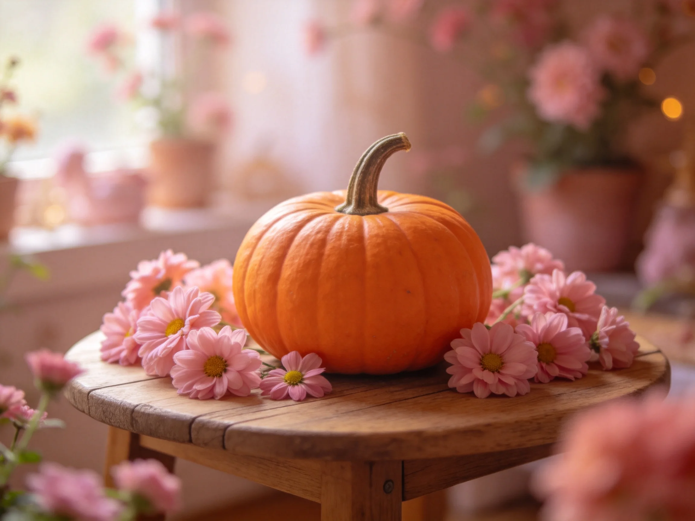 A small orange pumpkin surrounded by pink flowers on a wooden table