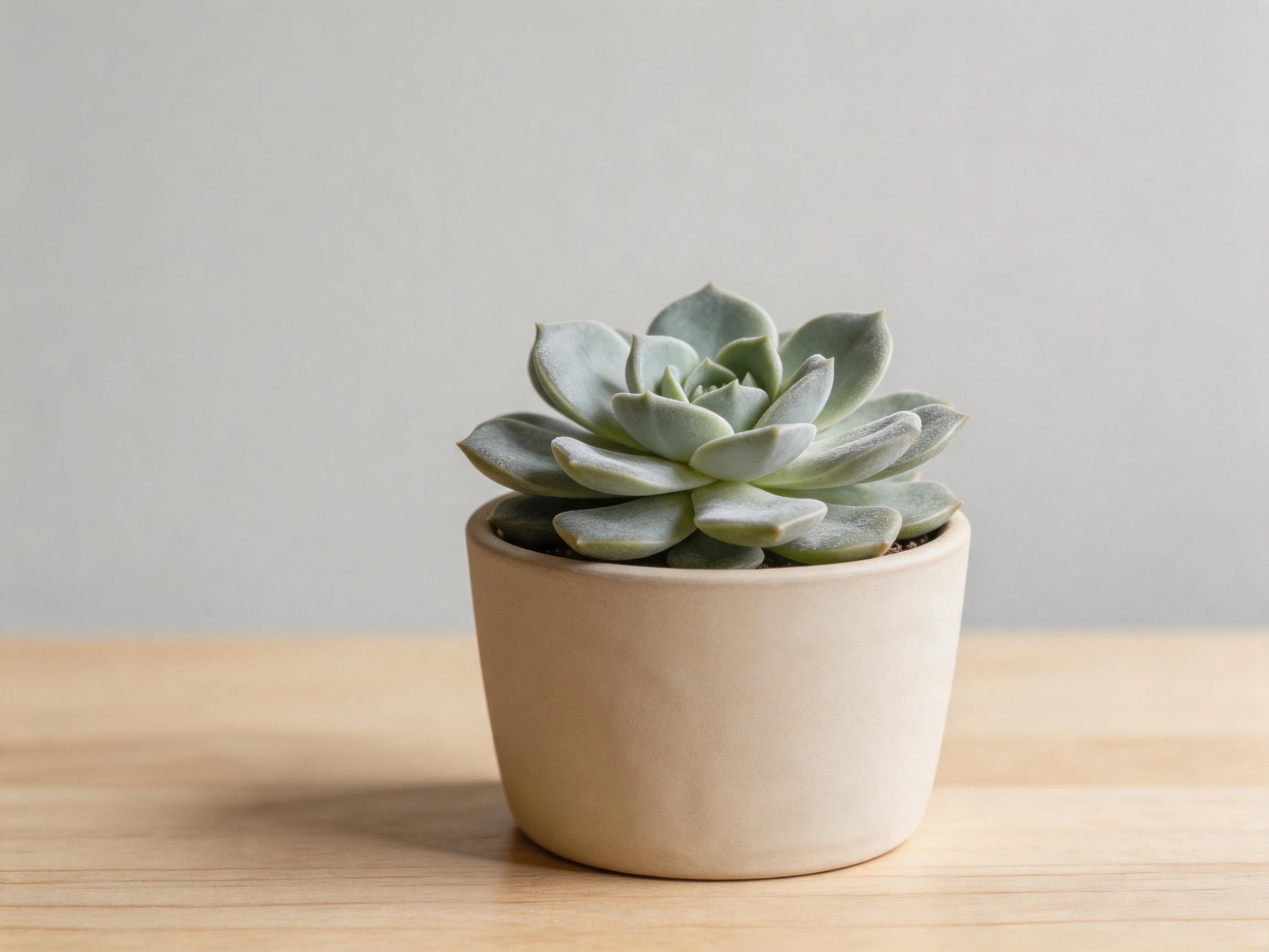 A small pale green succulent in a beige ceramic pot