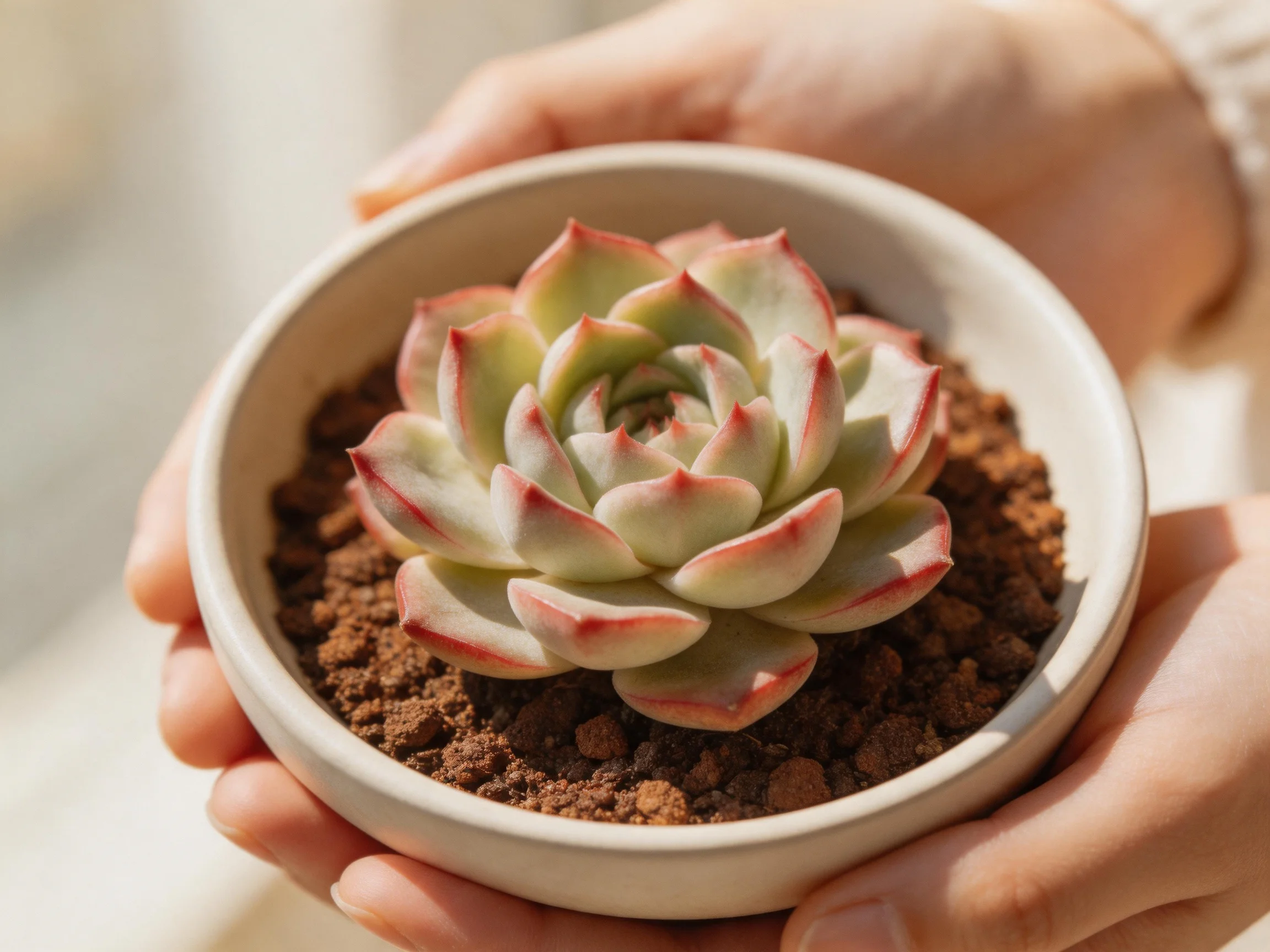 A small rosette succulent in a white ceramic bowl with reddish-brown soil