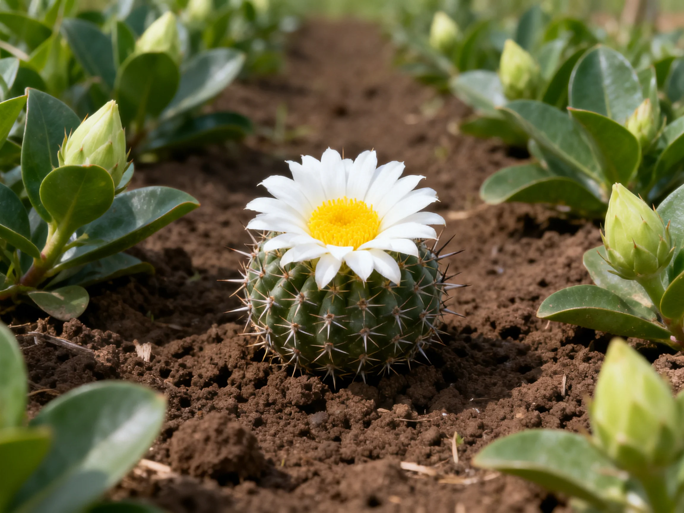 A small spiky cactus blooms with a white-yellow flower among green buds