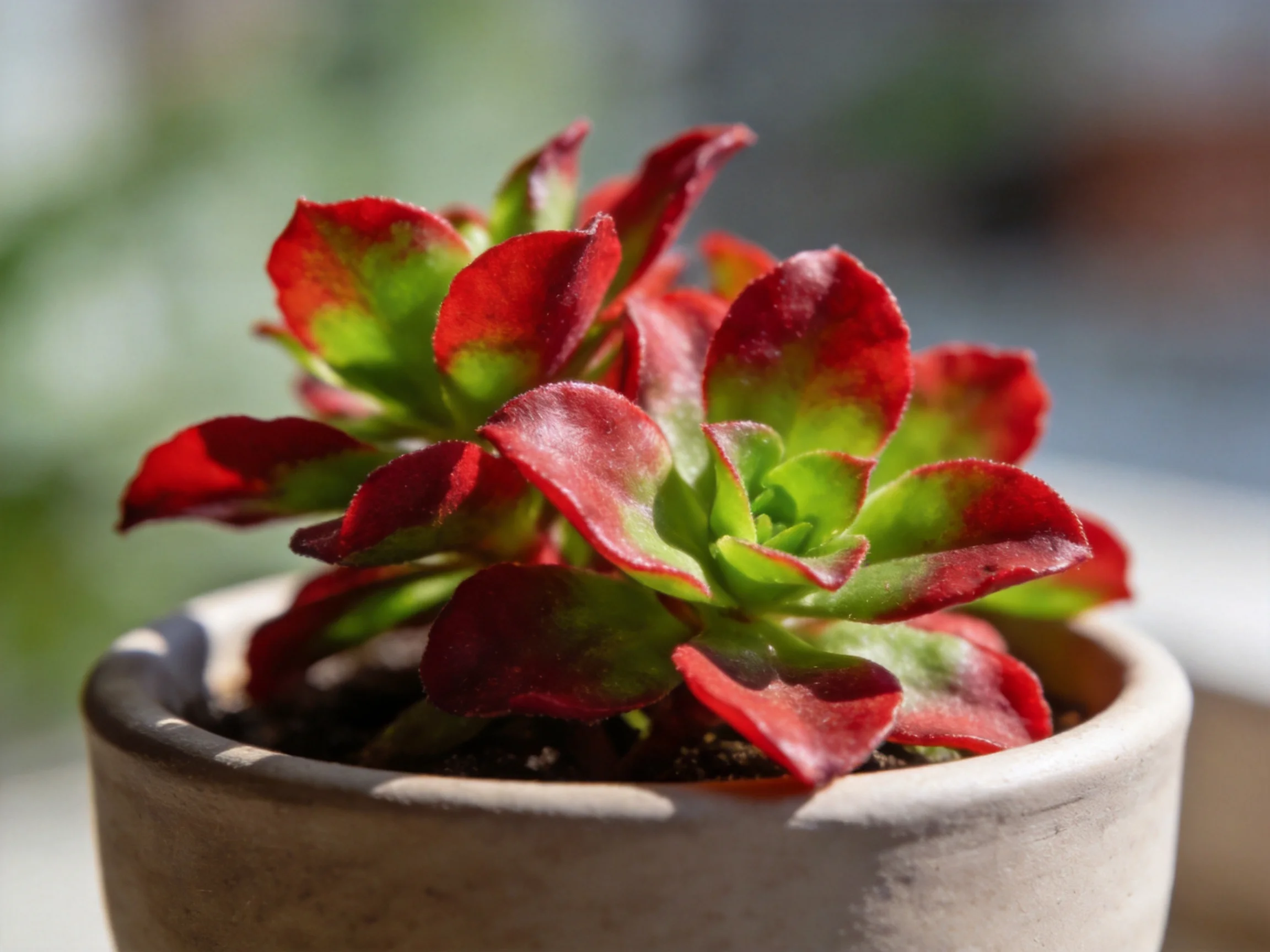 A small succulent with red-green leaves in a pot