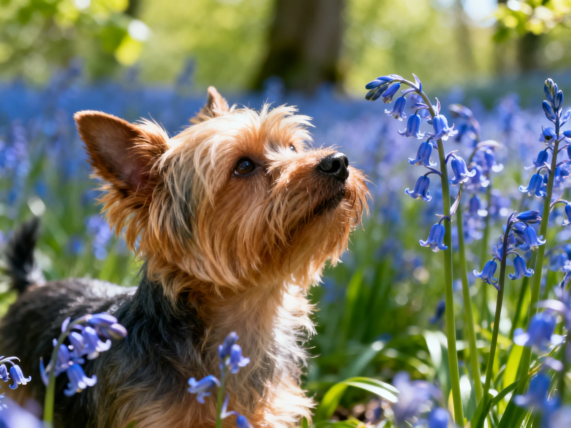 A small terrier dog amid vibrant bluebells in a sunlit woodland