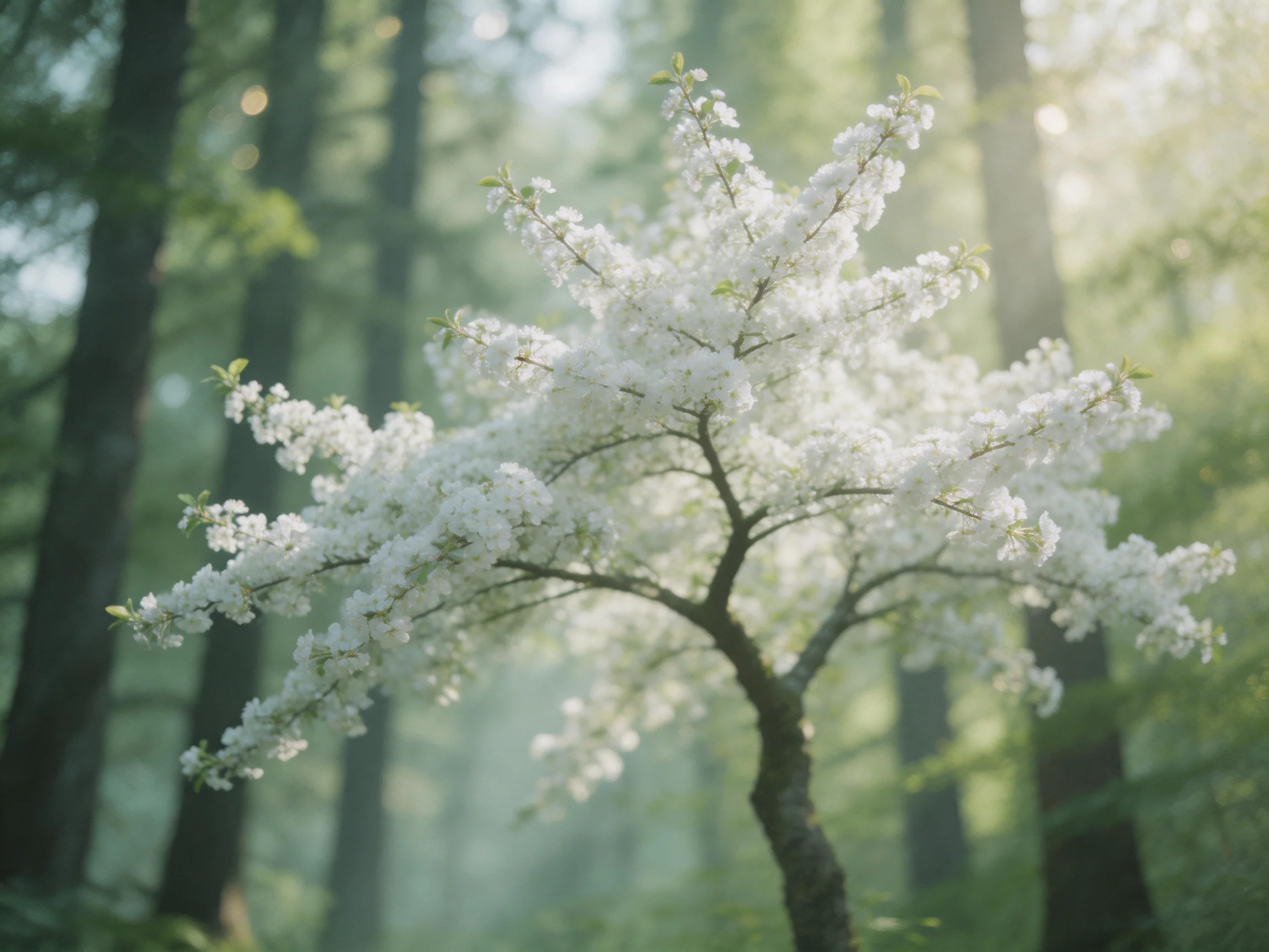 A small tree adorned with abundant white blossoms amidst towering green forest trees