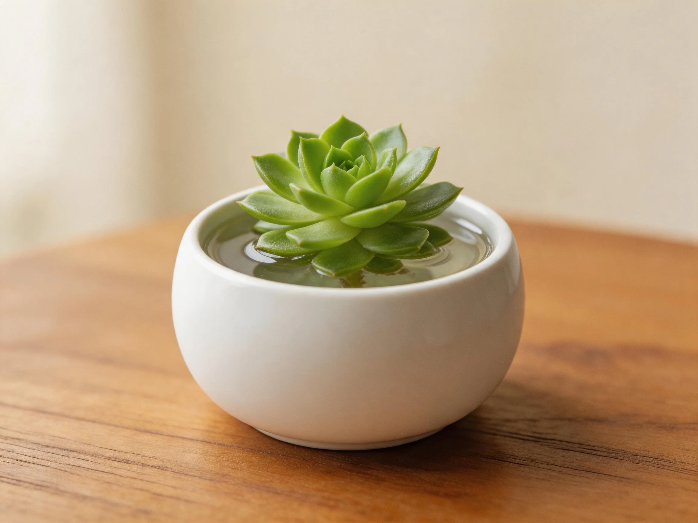 A small white ceramic pot holds a green succulent in water on a wooden surface