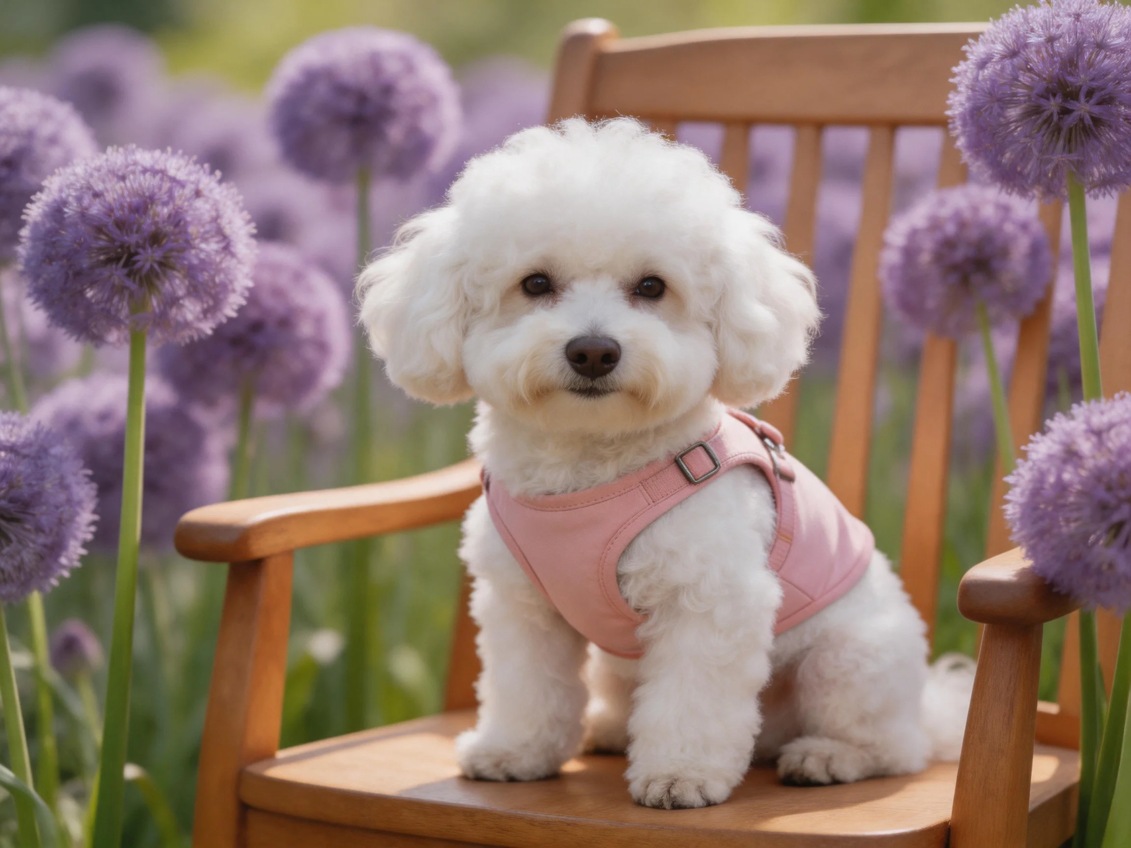 A small white dog in a pink harness sits on a wooden chair among purple allium flowers