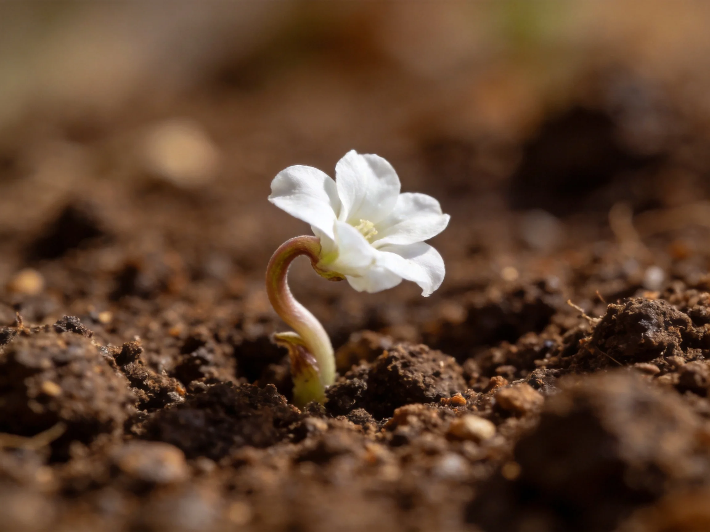 A small white flower grows from dark, crumbly soil