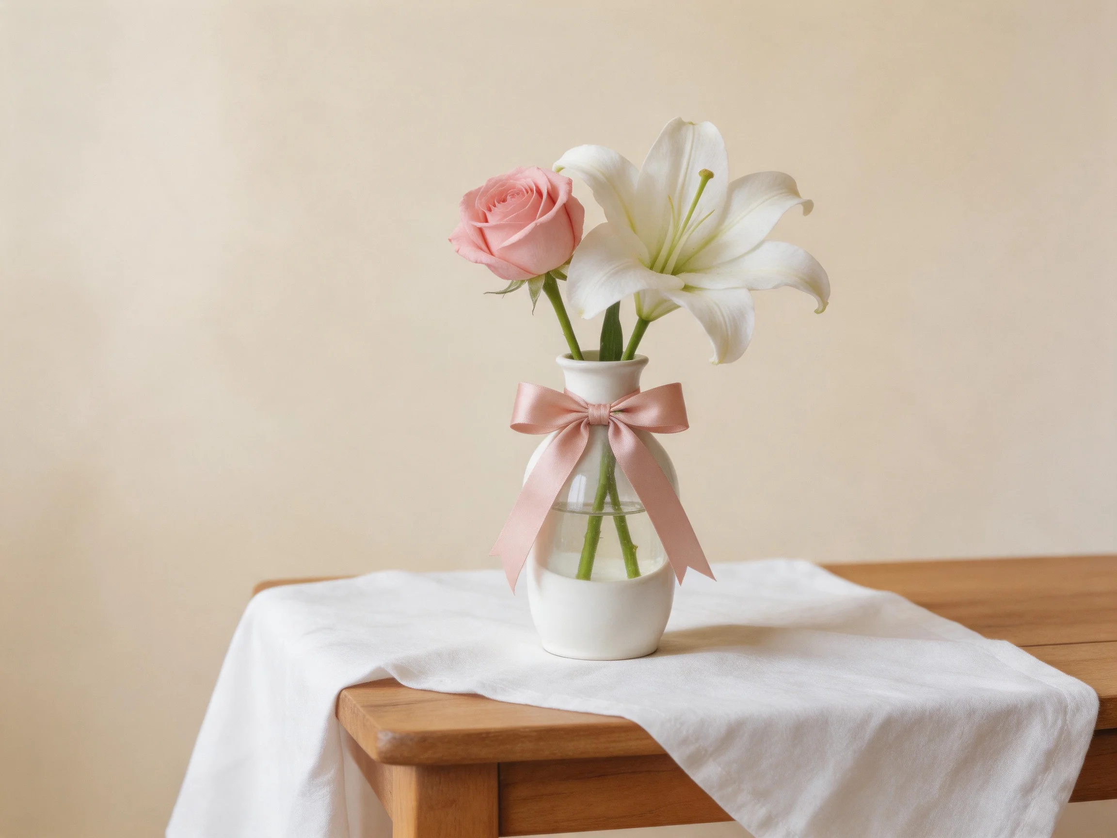 A small white vase holds a pink rose and white lily with a pink ribbon