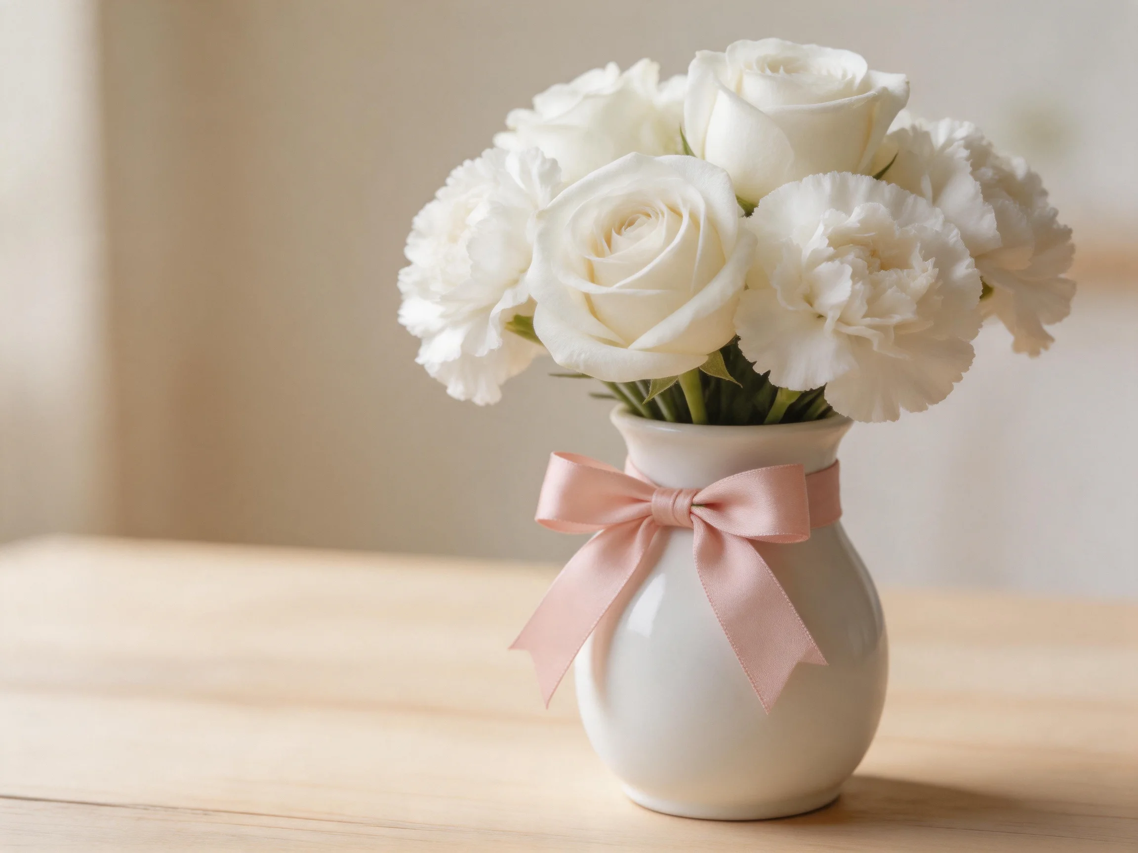 A small white vase holds white roses and carnations with a pink bow