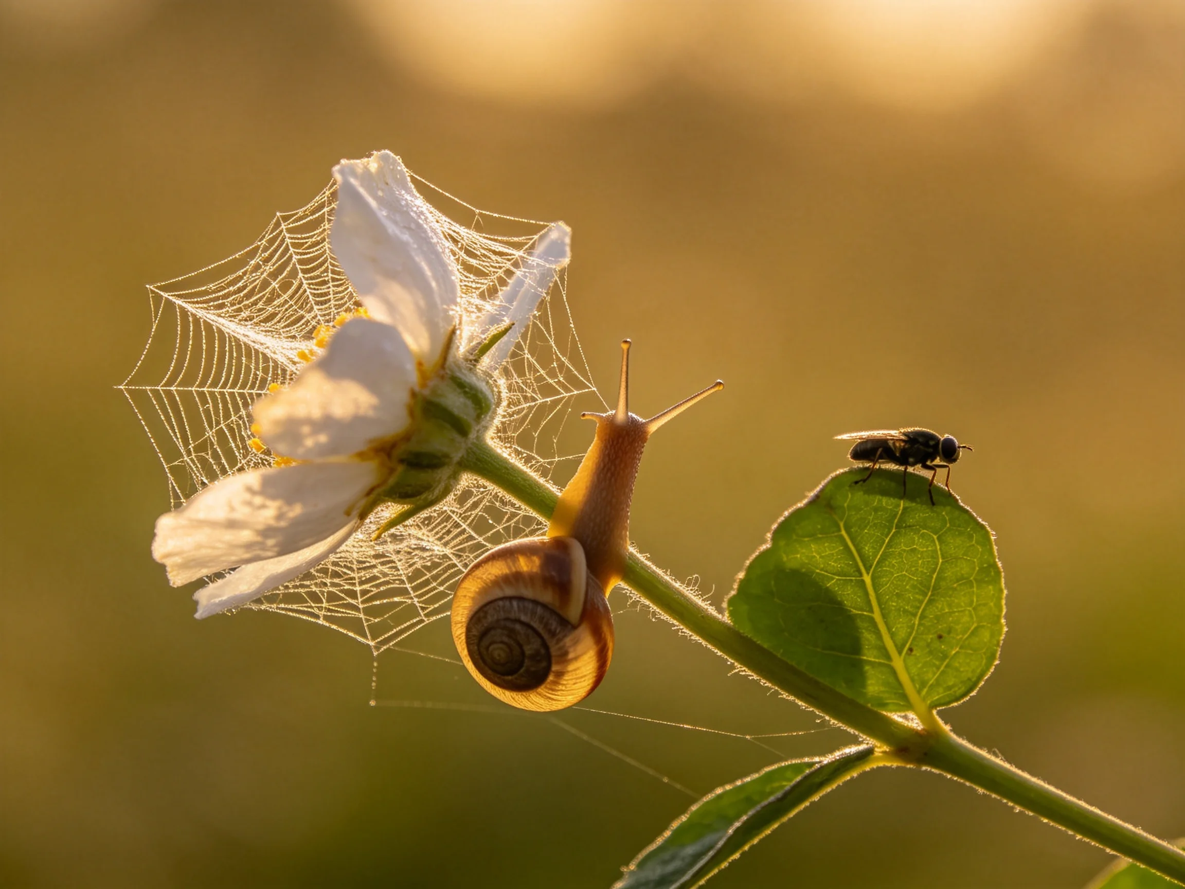 A snail near a white flower with a spider web, black fly on a green leaf