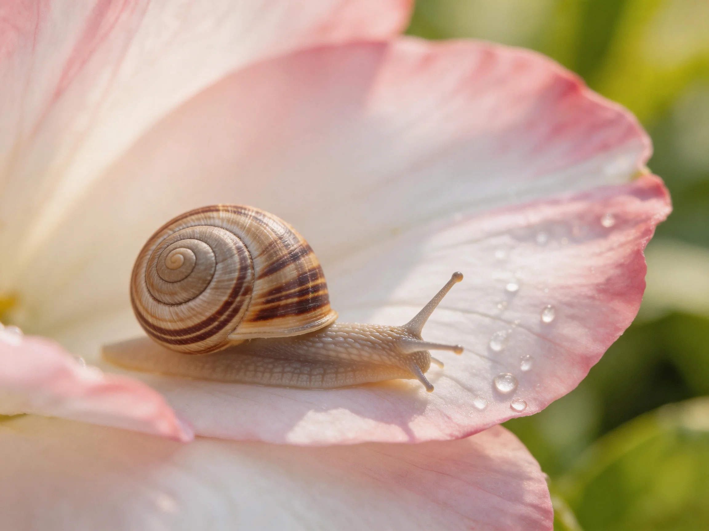 A snail with a striped shell crawls on a pink-and-white flower petal with dewdrops