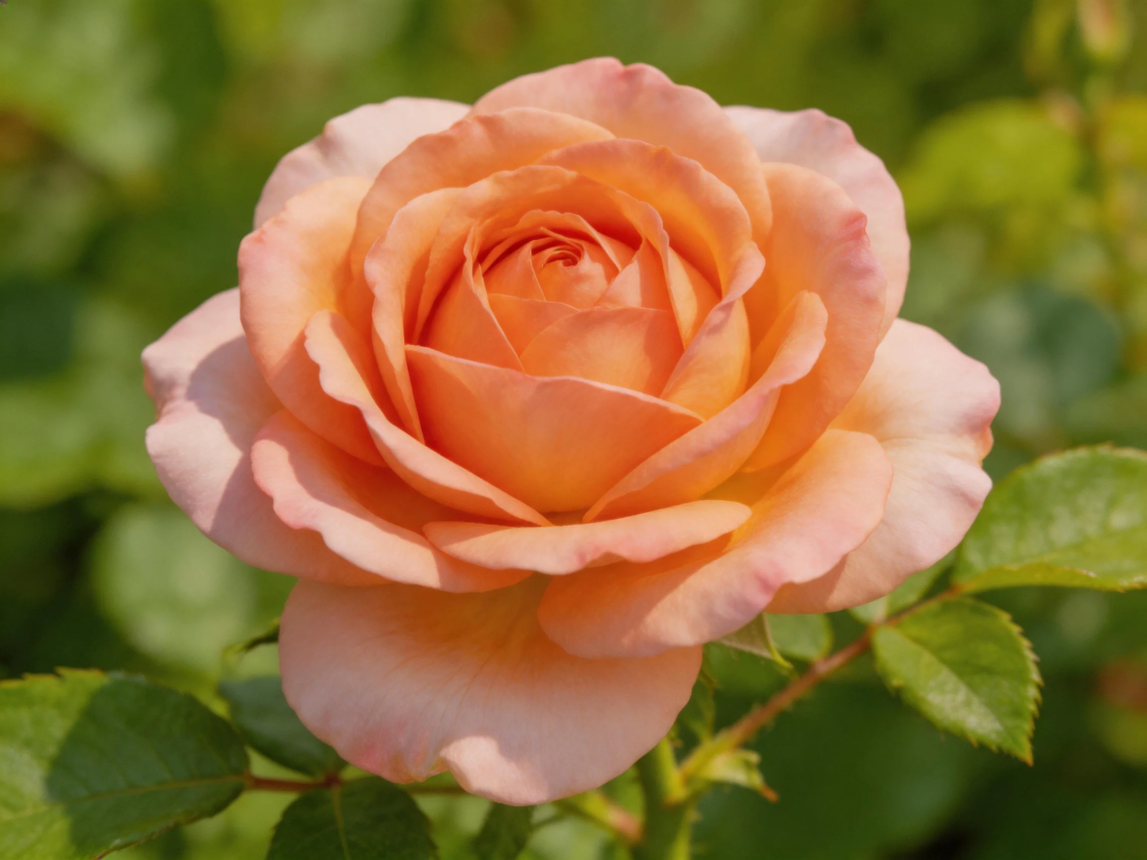 A soft peach rose with layered petals surrounded by greenery