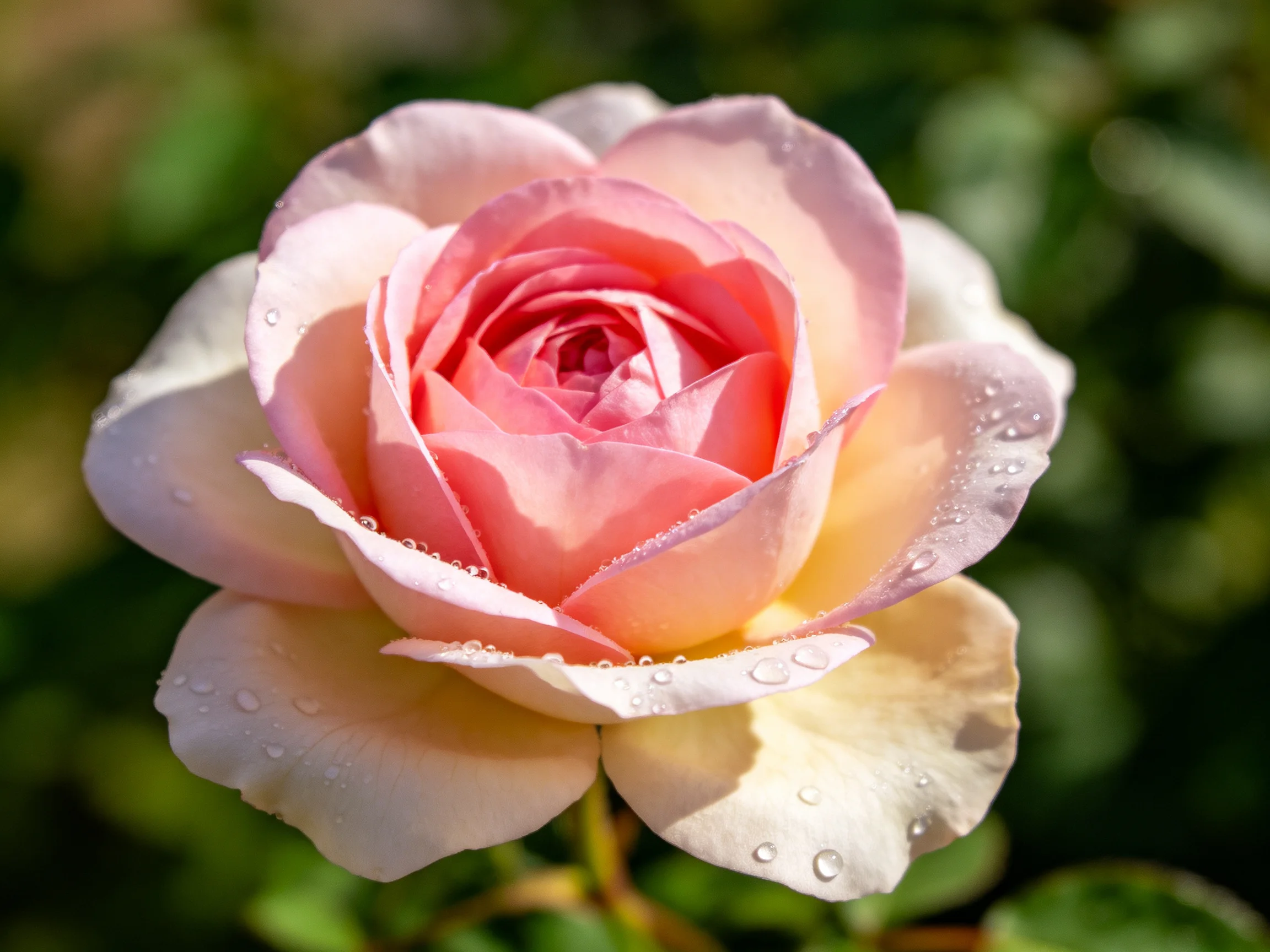 A soft pink and cream rose with water droplets on petals