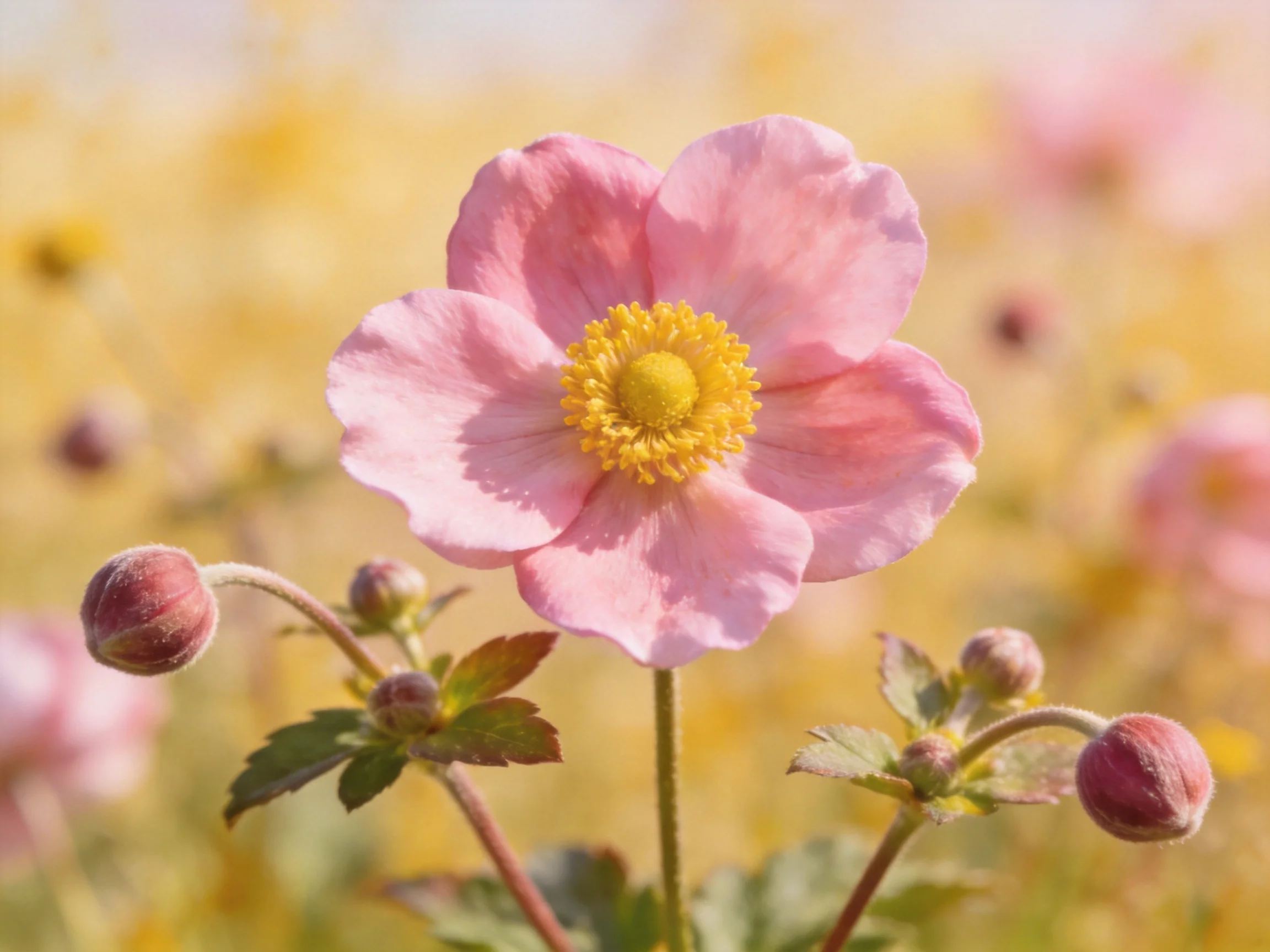 A soft pink anemone blooms among buds in a sunlit meadow