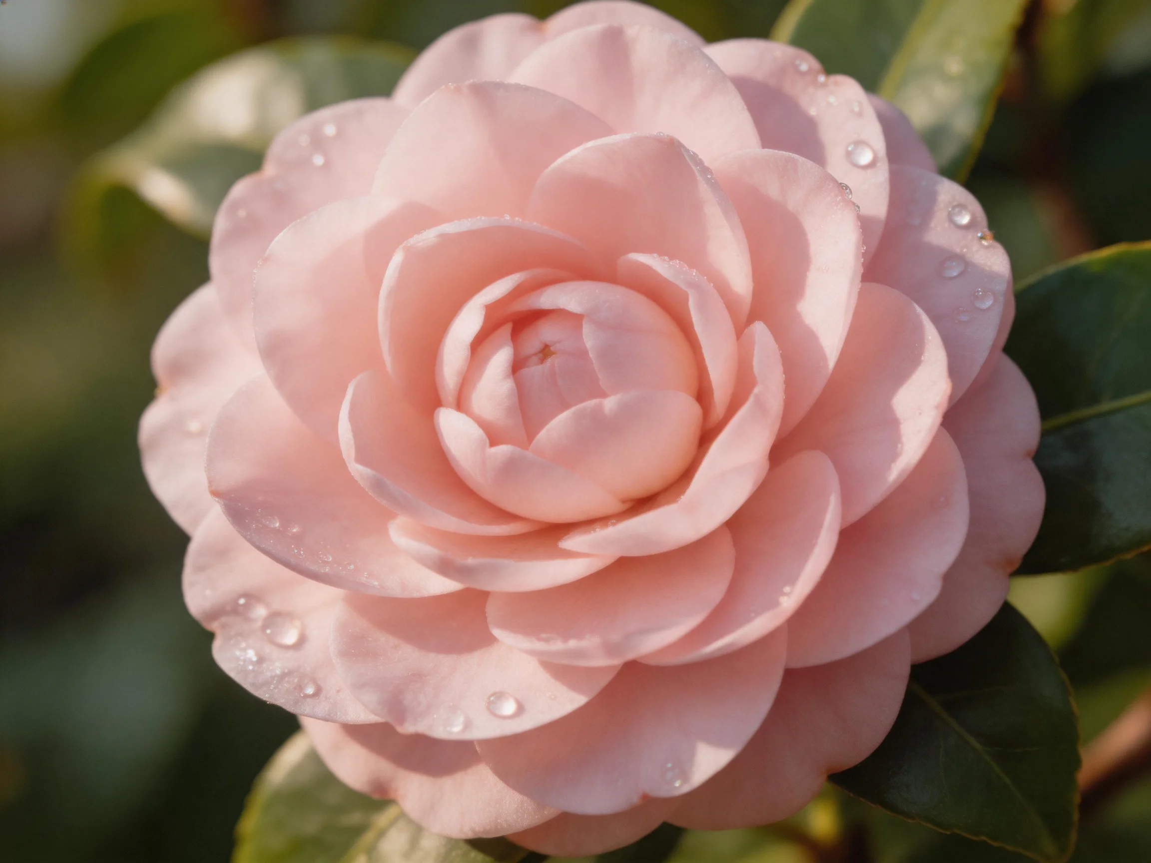 A soft pink camellia blooming with glistening water droplets