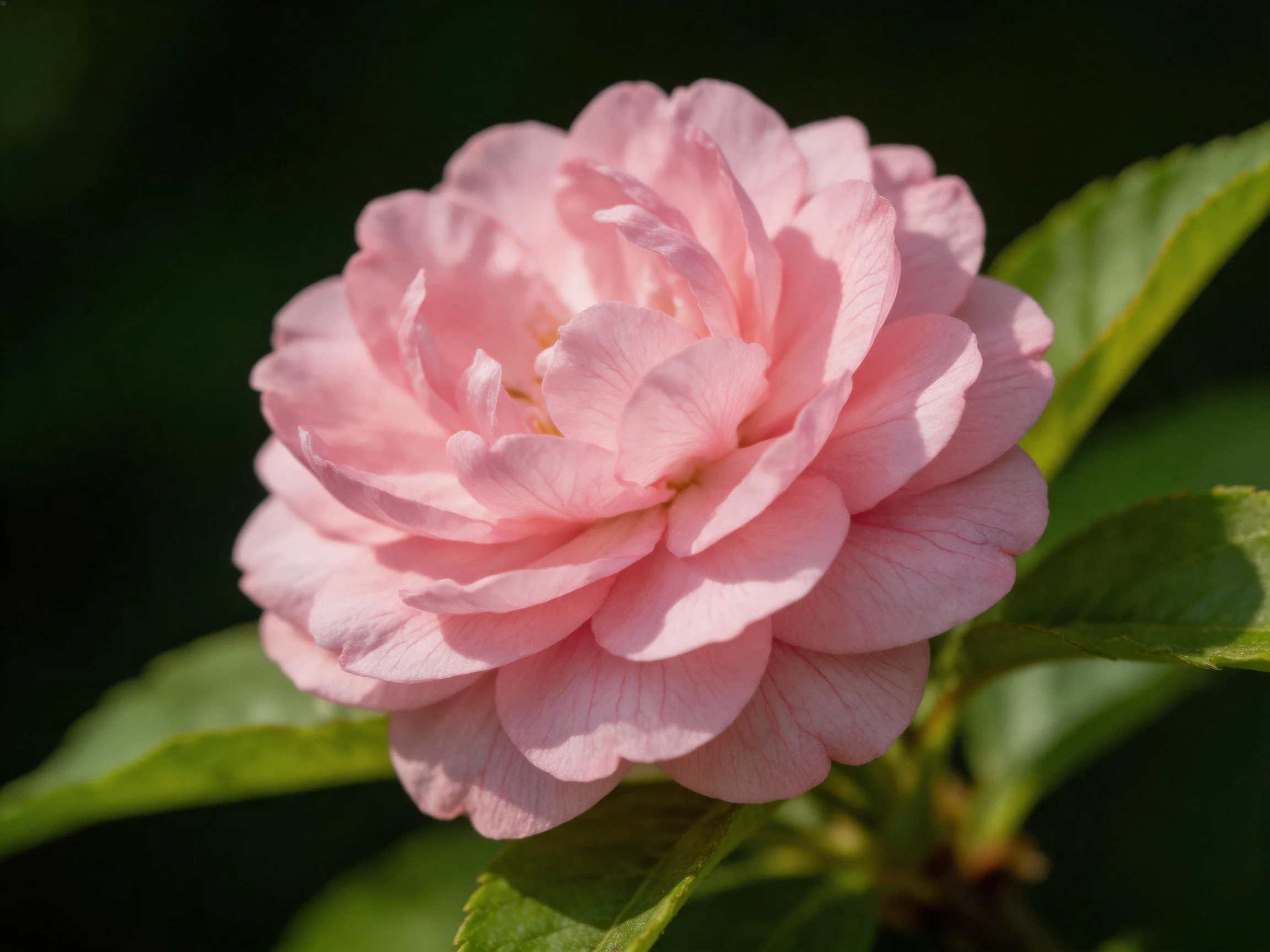 A soft pink camellia flower with layered petals near green foliage