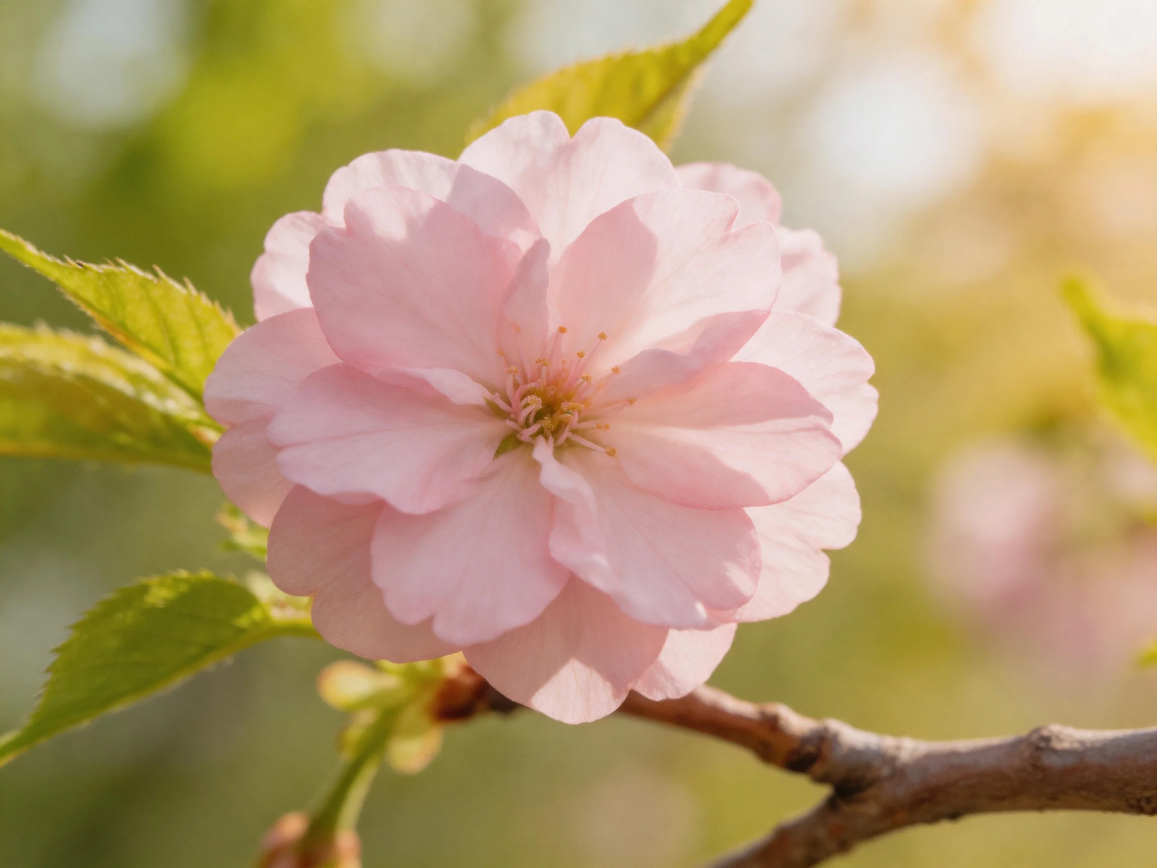 A soft pink cherry blossom with green leaves on a brown branch