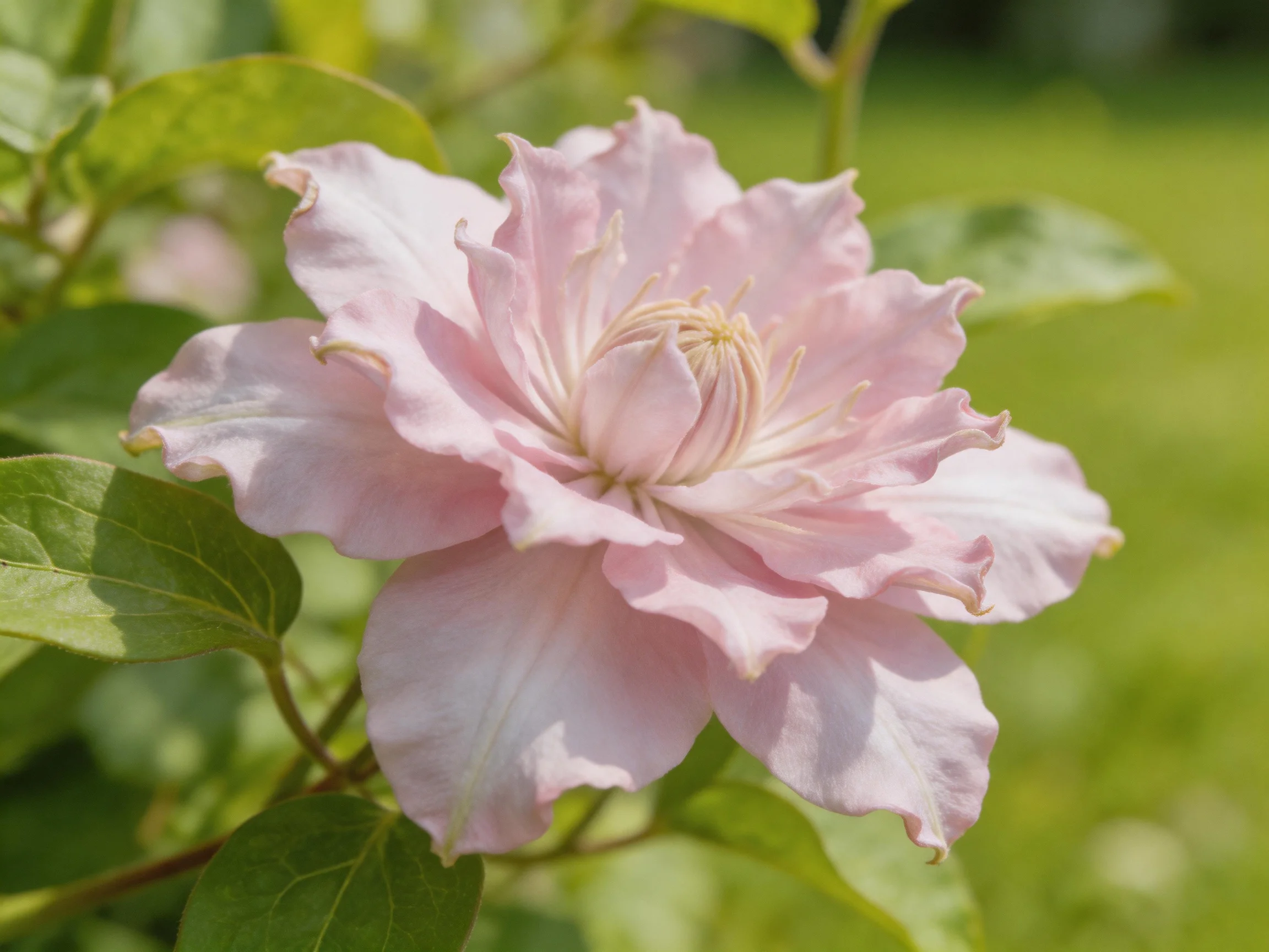 A soft pink clematis flower surrounded by lush green leaves