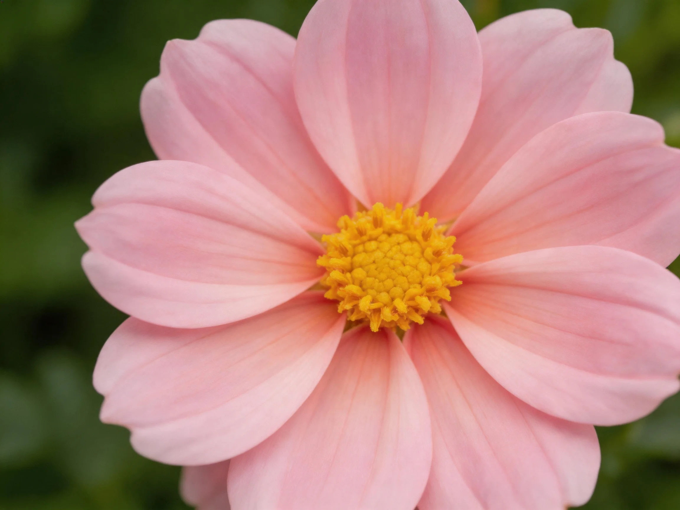 A soft pink flower with a bright yellow central cluster