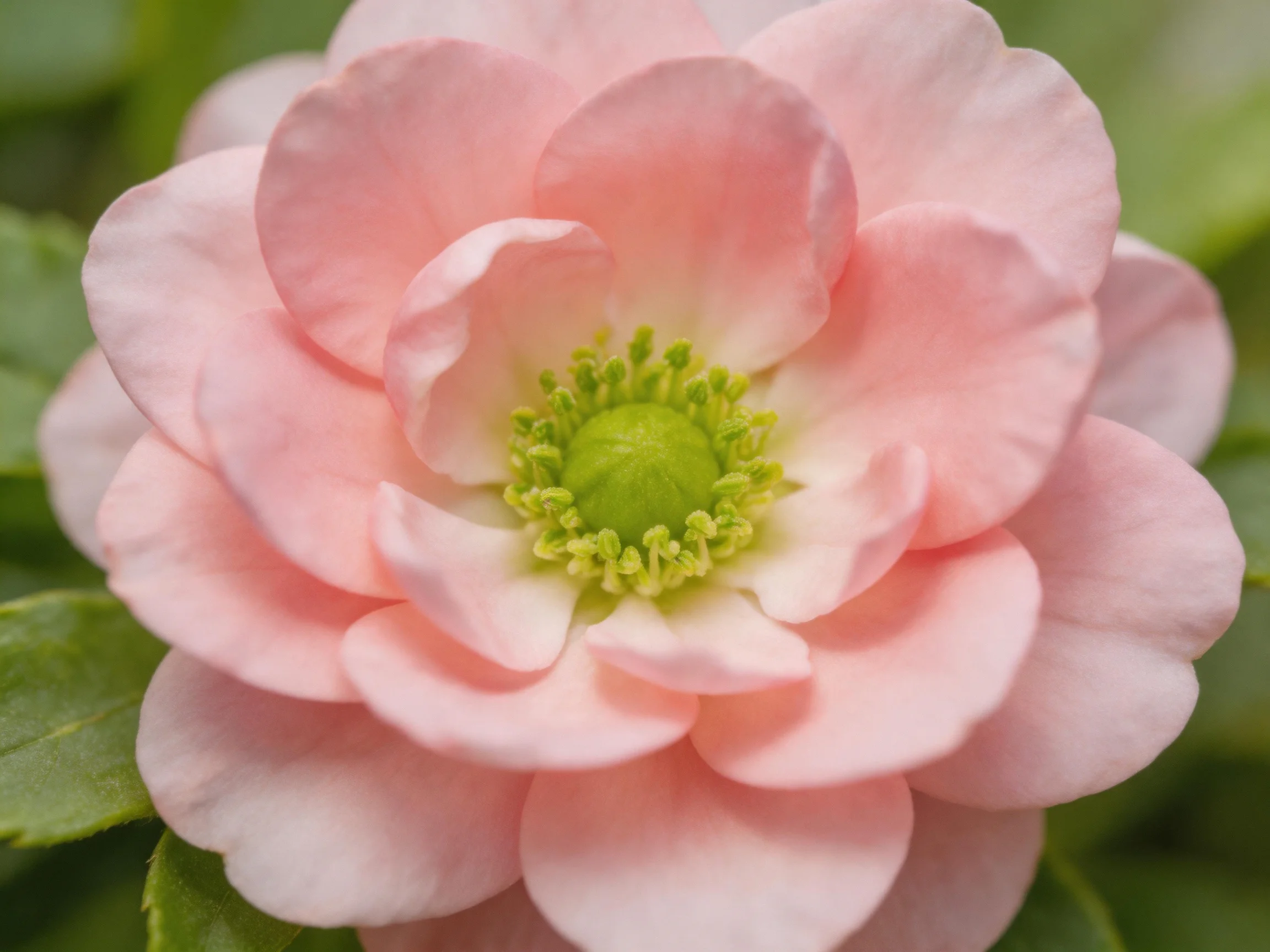 A soft pink flower with layered petals and vibrant green center