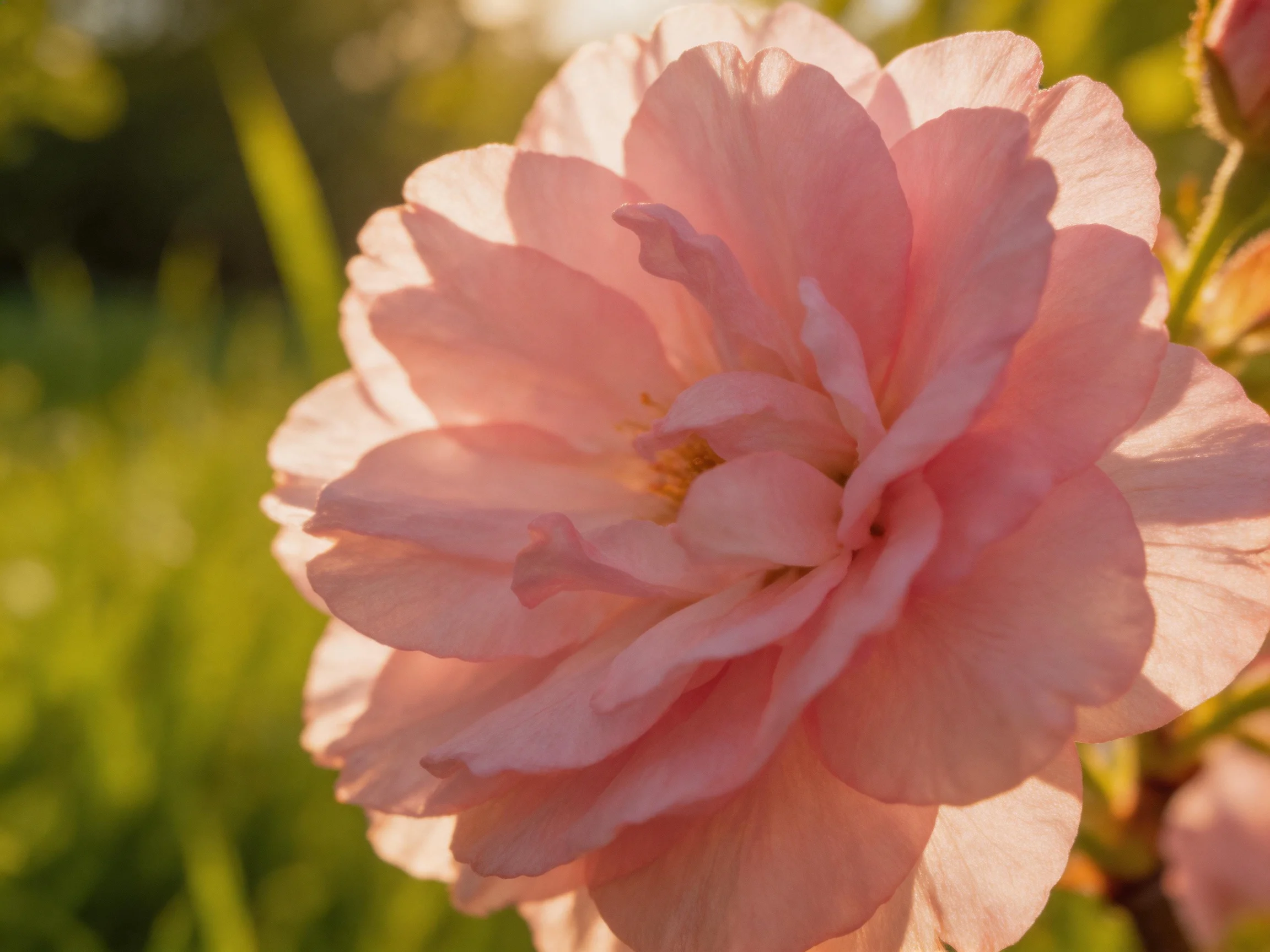 A soft pink flower with layered petals in a sunlit garden