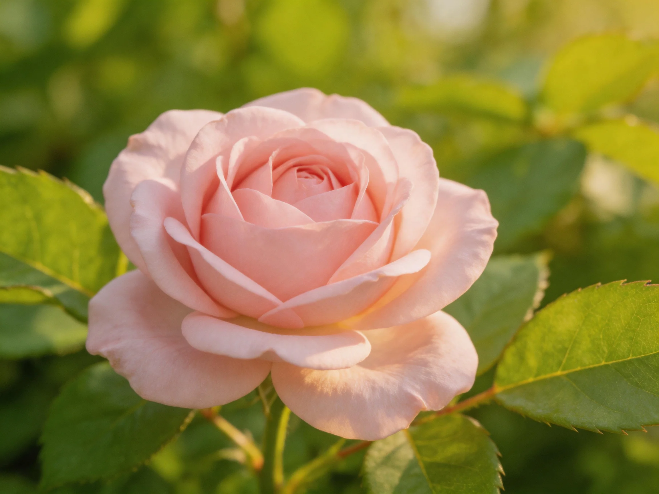 A soft pink rose blooms amid lush green foliage